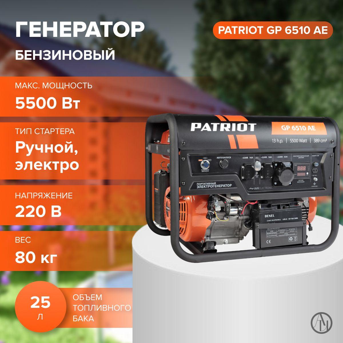 Генератор бензиновый PATRIOT GP 6510 AE (13 л.с, 3000 об/мин, 389 см. куб, 4-х тактный, ручной, электро, автозапуск + АКБ) резервный источник питания