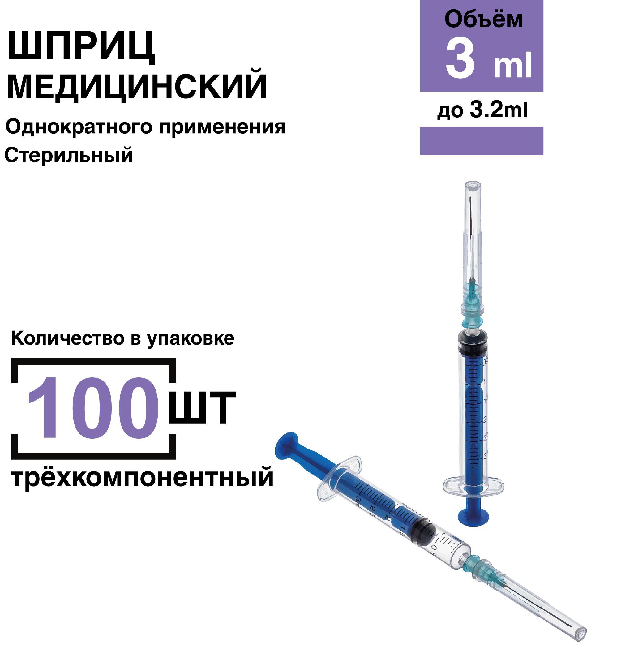 Шприц 3 мл. 100 шт/уп. игла 23G 0,63 х 32 мм крепление луер-слип (luer-slip)