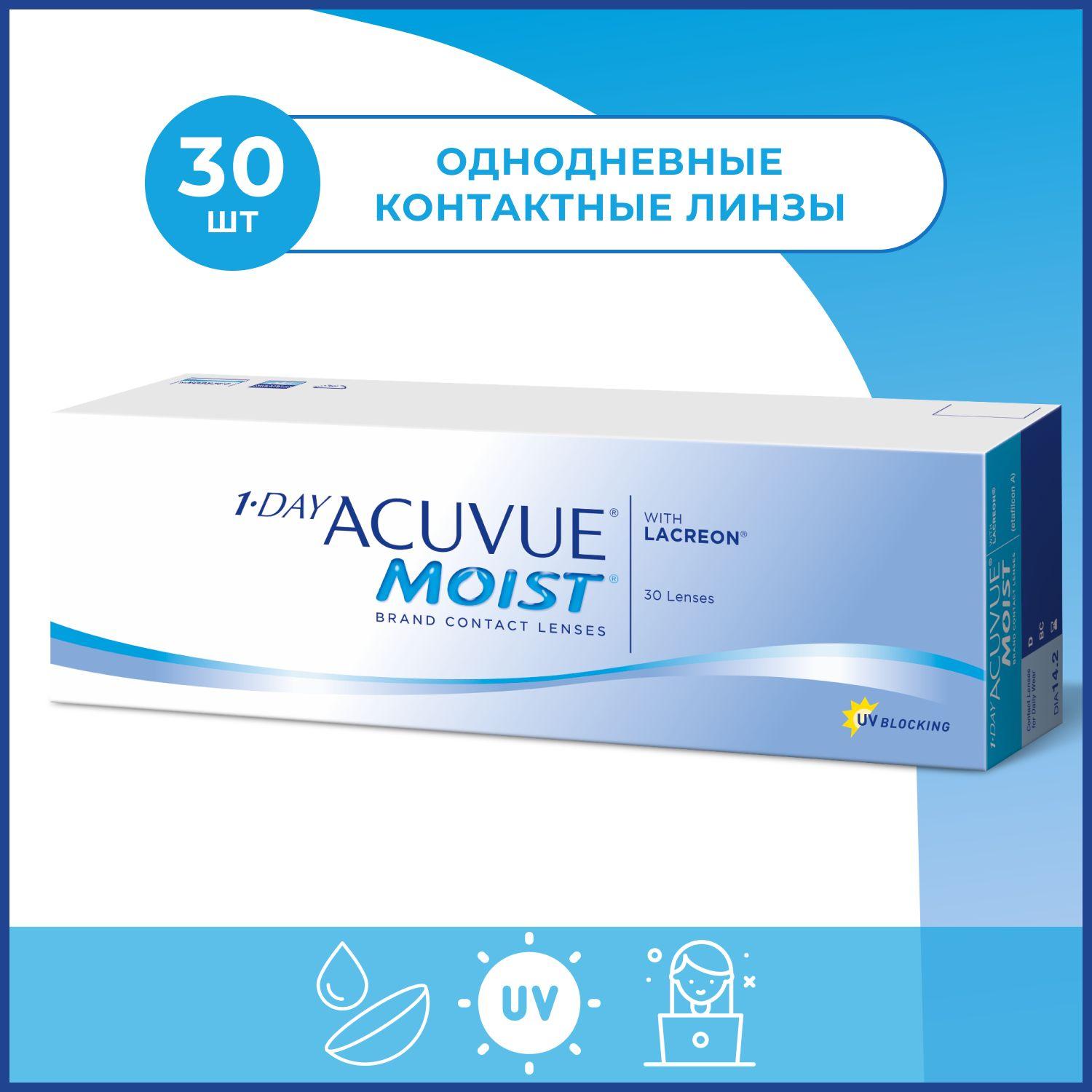 ACUVUE Однодневные контактные линзы 1-Day Moist with Lacreon 30 шт, одноразовые прозрачные для дневного и ночного ношения с диоптриями для зрения, -1.75, 9, 1 день