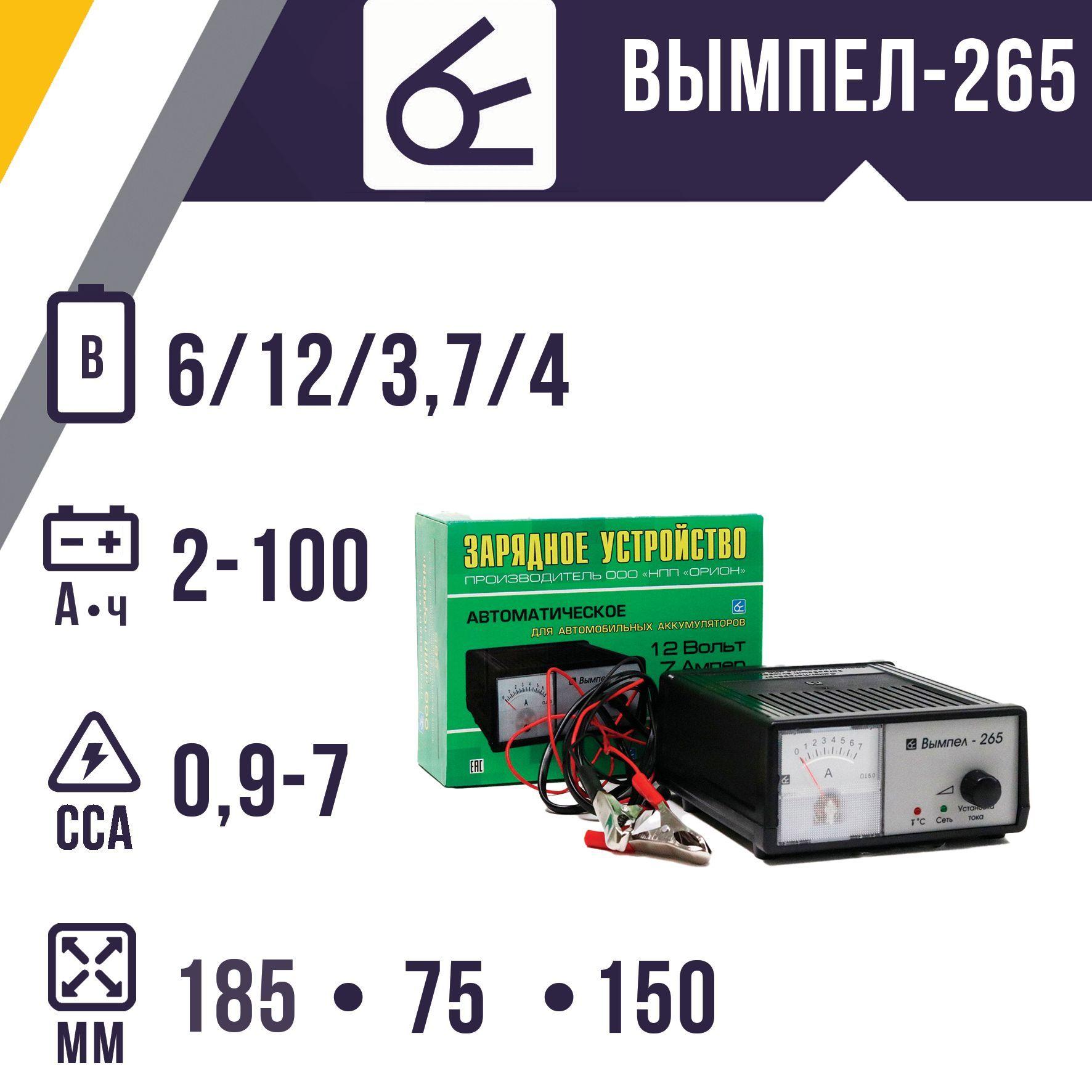 Зарядное устройство для автомобильного аккумулятора Вымпел 265 (12В 0,6-7А) (Кислотные, стартерные, WET, EFB, Ca/Ca, Ag))