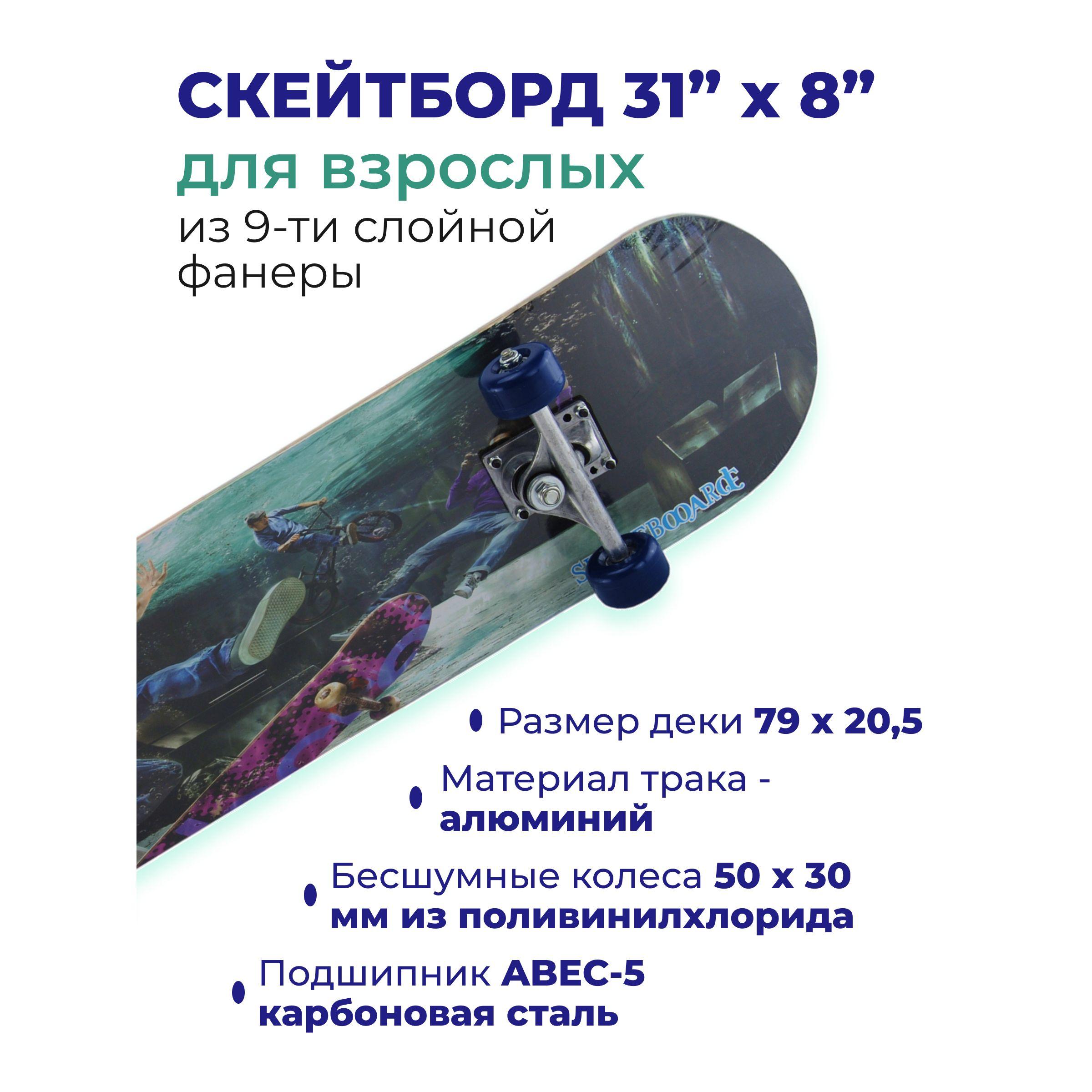 Скейтборд городской любительский для взрослых и подростков STINGREY 31"x8" (79 x 21 см) с колесами PVC 50х30 мм, с двусторонним рисунком, 9-слойная фанера, нагрузка до 70 кг, голубой+серый