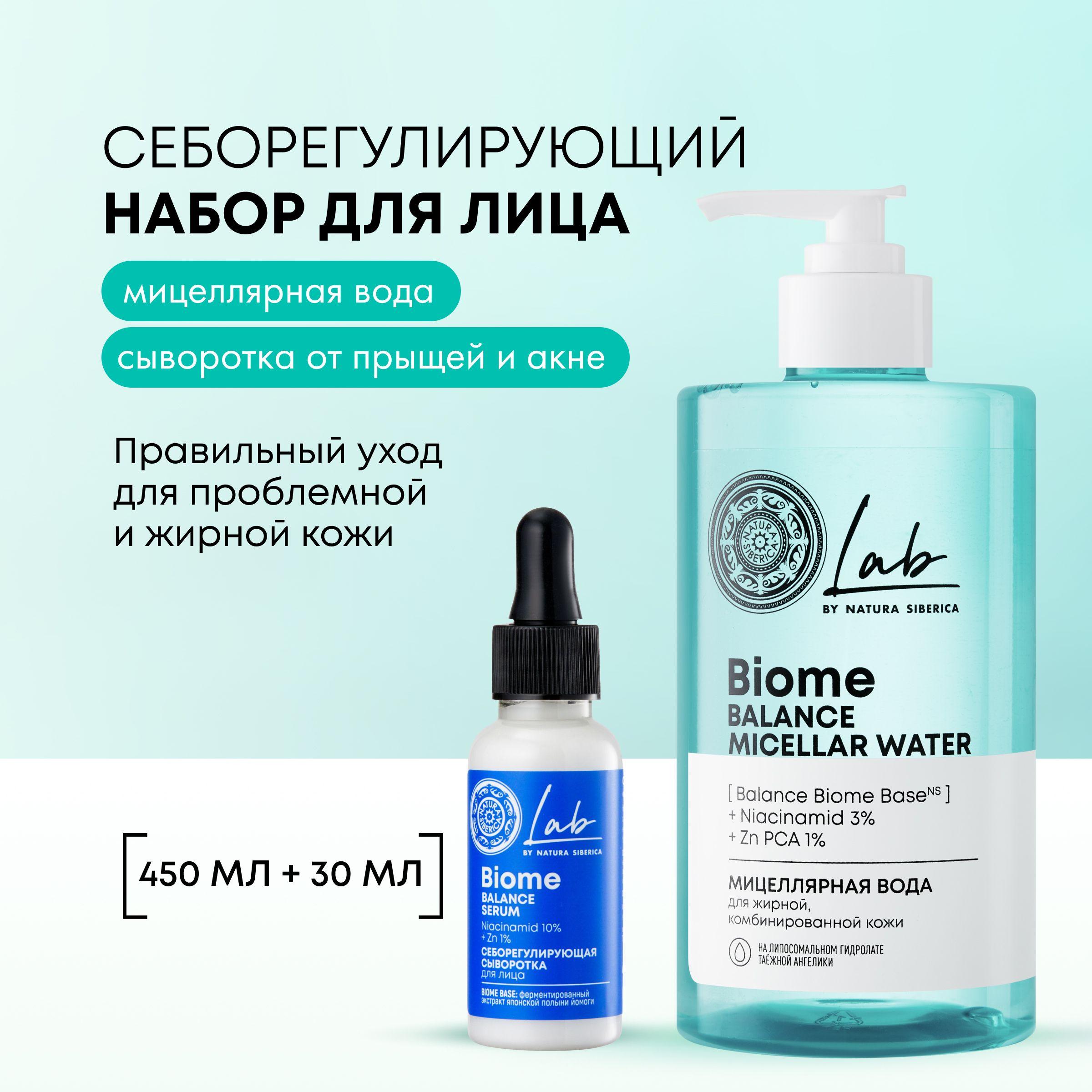 Набор Natura Siberica LAB Biome сыворотка для лица себорегулирующая и мицеллярная вода для жирной комбинированной кожи, 2 штуки, 450 мл + 30 мл