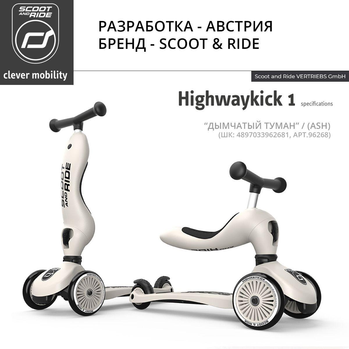 Детский трехколесный самокат с сиденьем Scoot&Ride HighwayKick 1 (Seat) (дымчатый туман)