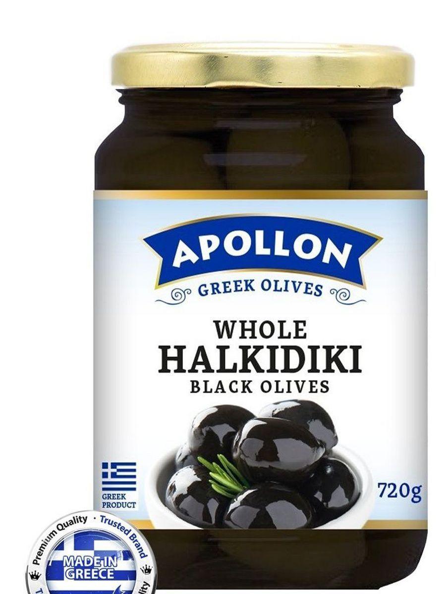 Оливки чёрные Apollon с косточками 720 гр, натуральные продукты из Греции на подарок маме подруге любимому человеку