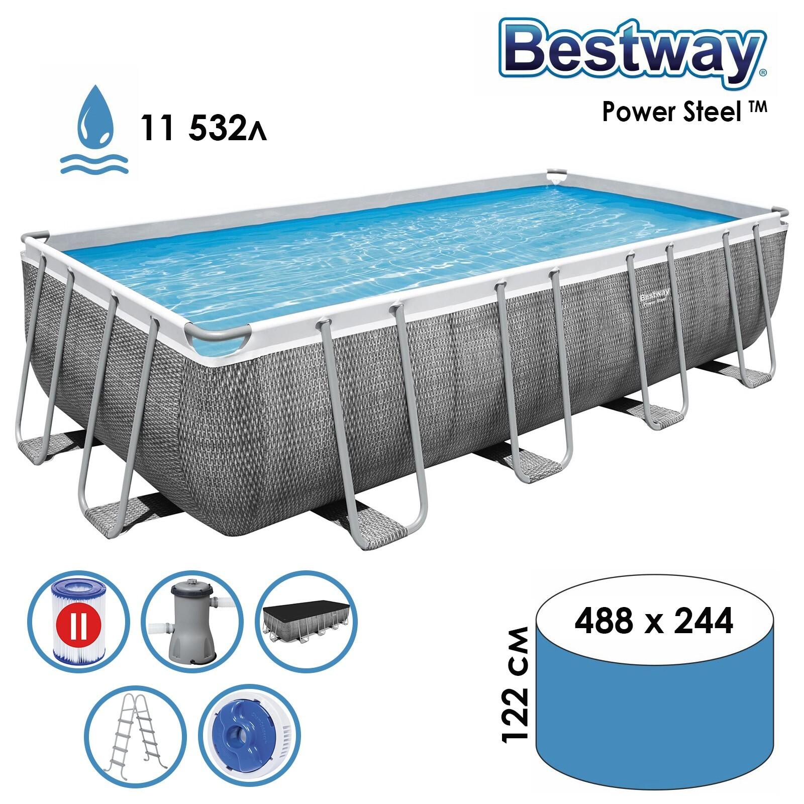 Бассейн каркасный Bestway, размер 488x244x122 см, объем 11532 л, фильтр-насос, лестница, тент, диспенсер, 56996