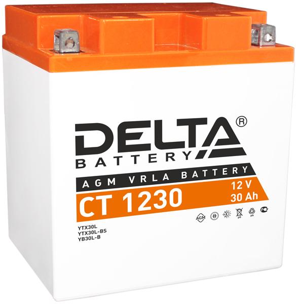 Аккумулятор DELTA CT-1230 для мототехники (12V, 30Ah / стартерный ток 300А) Обратная полярность Размеры Д-168 Ш-126 В-175 YTX30L, YТX30L-BS,YB30L-B