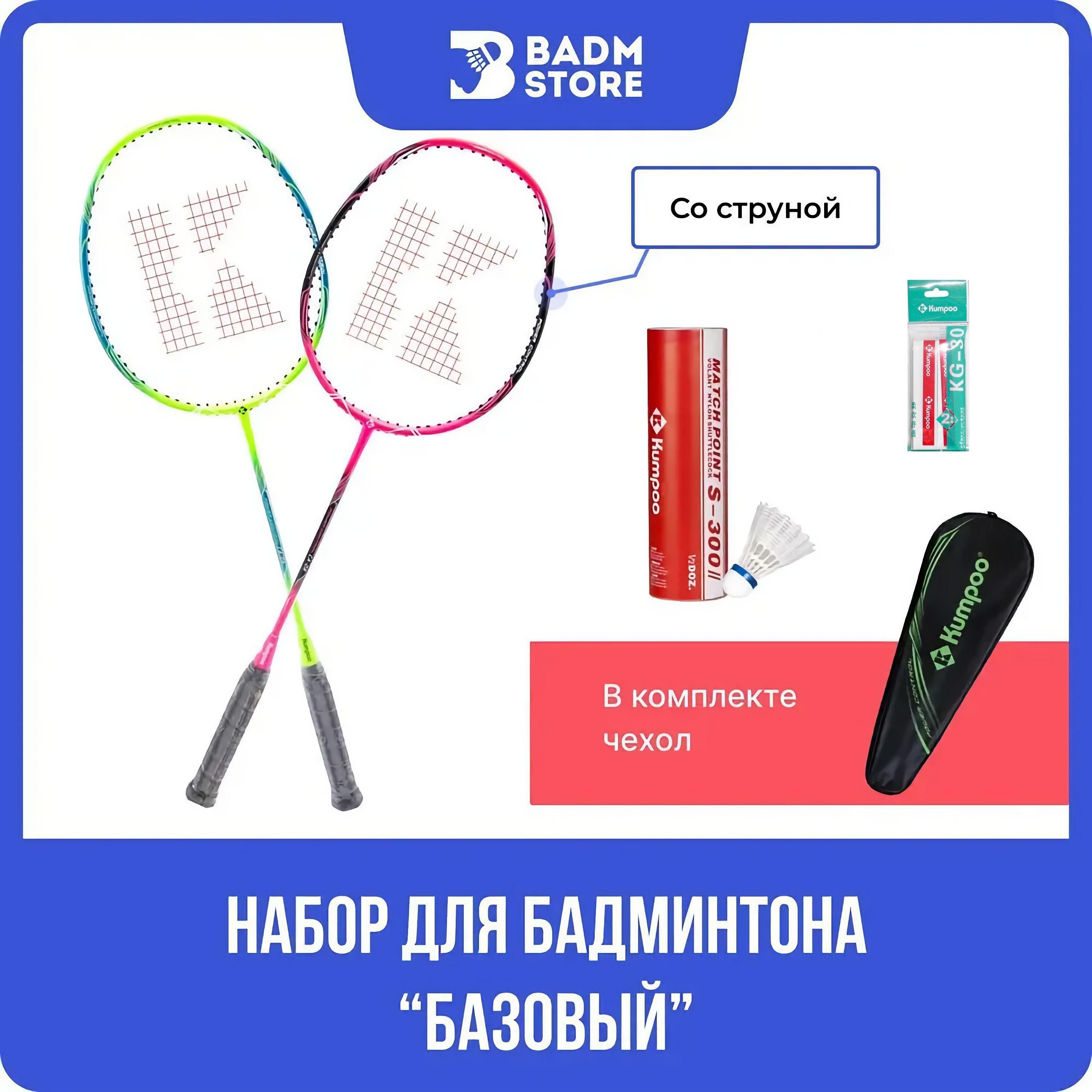 Набор для бадминтона Базовый: ракетка (2 шт), волан (6 шт), обмотка (2 шт).