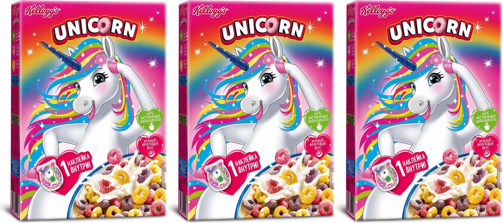 Сухой завтрак Kelloggs Unicorn Радужные колечки с фруктовым вкусом, комплект: 3 упаковки по 195 г