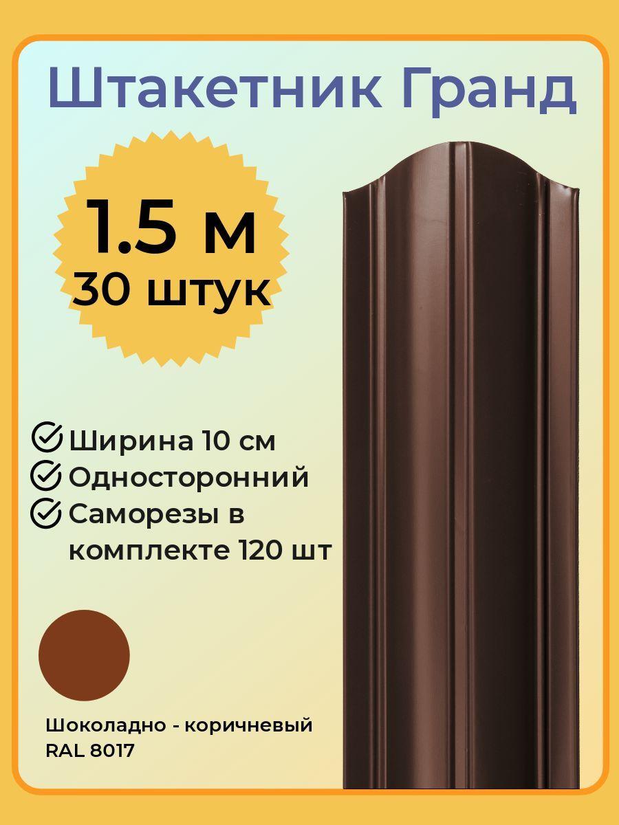 Евроштакетник ГРАНД 1,5 м высота, 10 см ширина, одностороннее покрытие, верх закруглен, комплект 30 штакетин и 120 саморезов, цвет RAL8017 шоколадно - коричневый