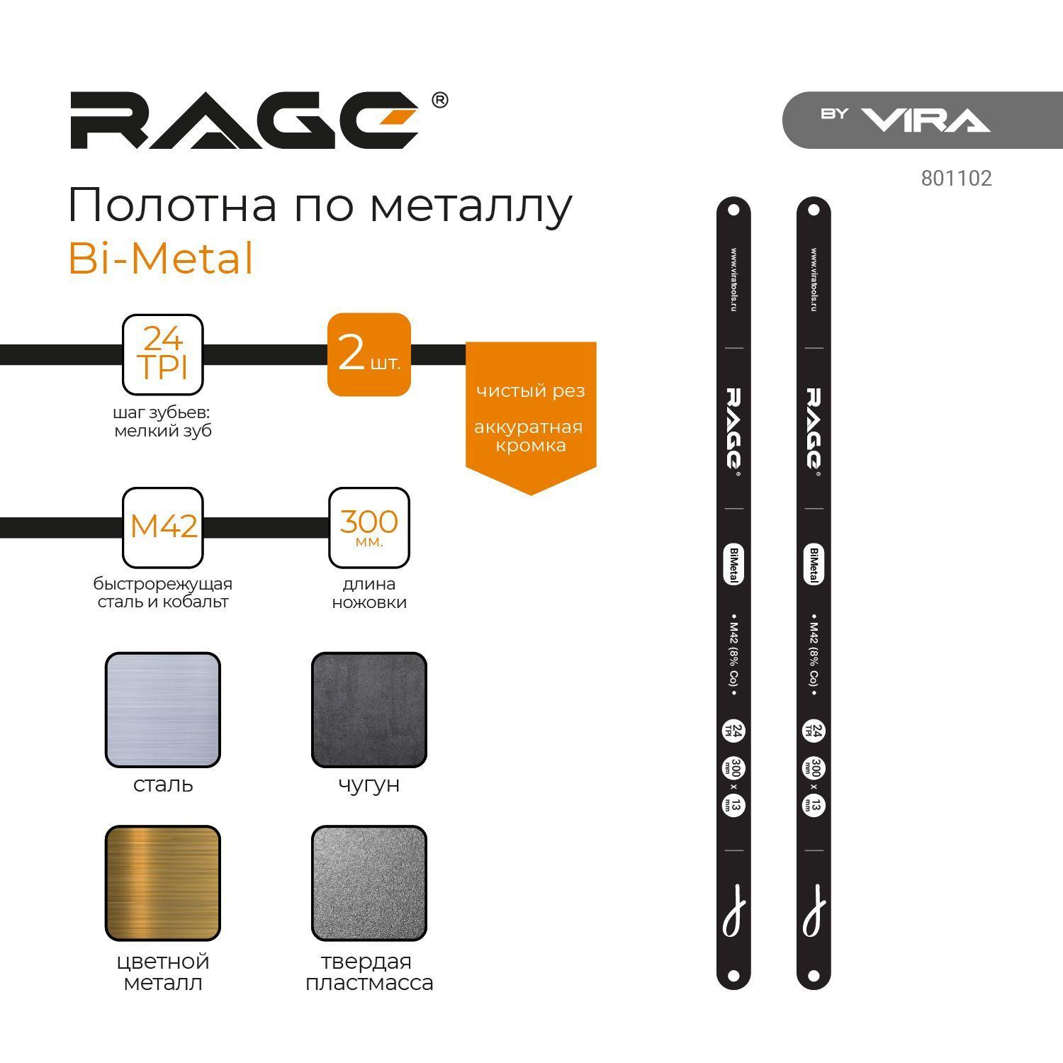 Полотна по металлу Bi-Metal 300 мм 2 шт для ножовки RAGE by VIRA