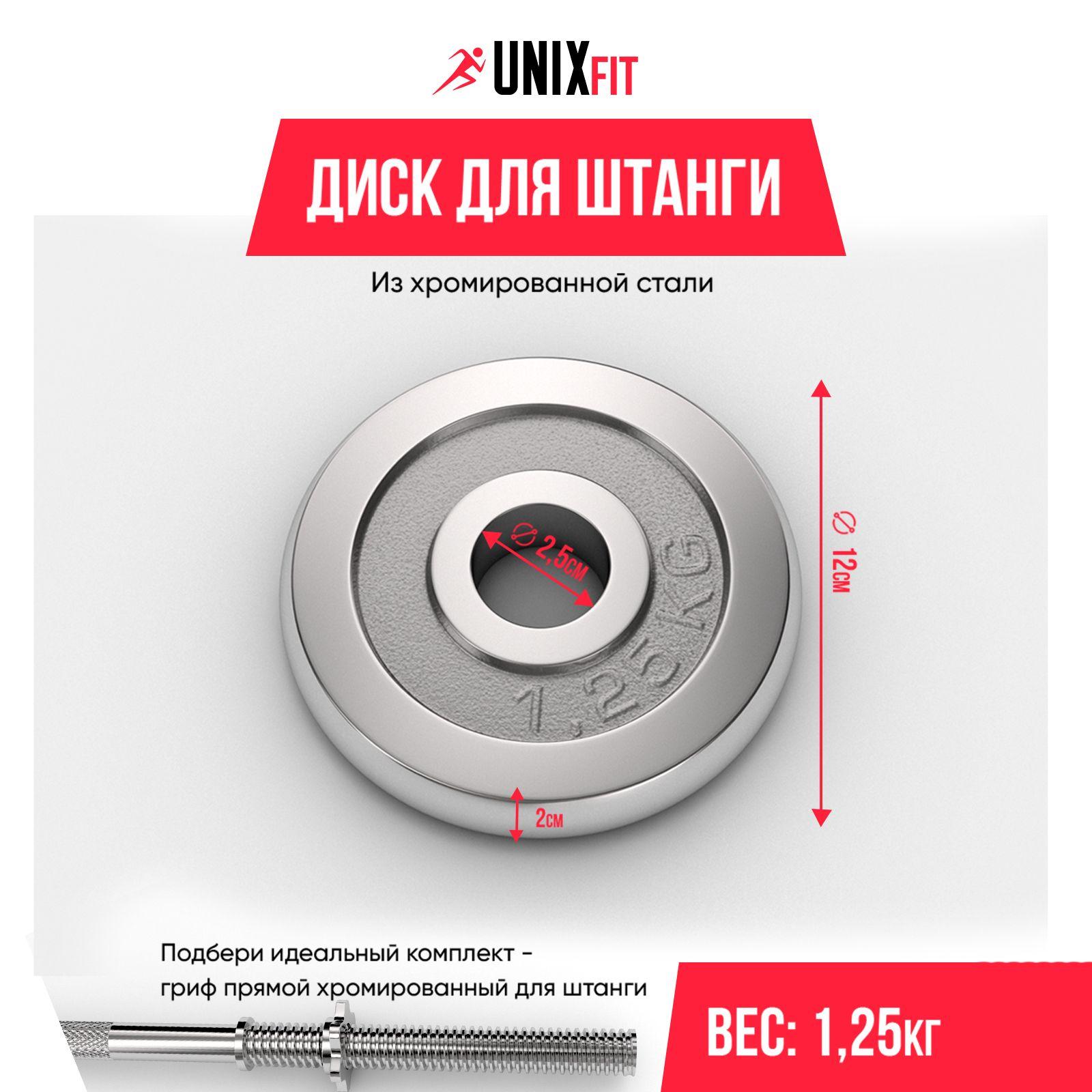 Диск хромированный для штанги и гантелей UNIX Fit 1,25 кг, d - 25 мм, блины для штанги, диск для грифа UNIXFIT