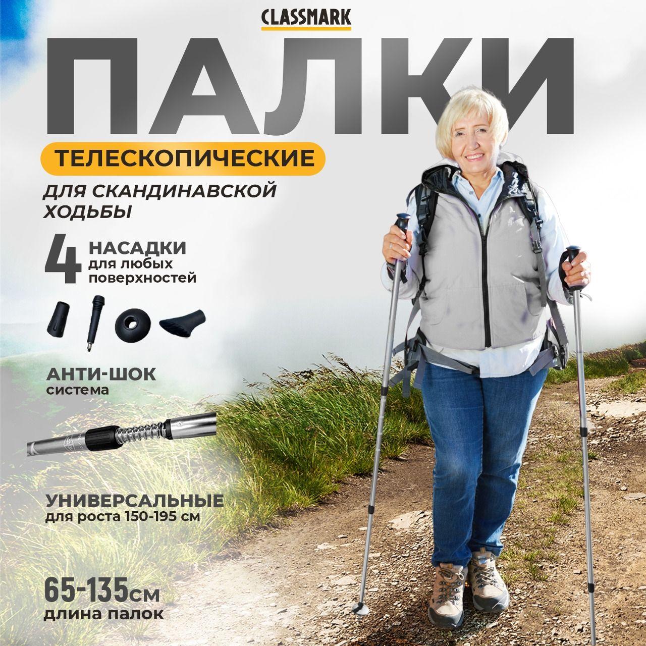 Палки для скандинавской ходьбы телескопические 65-135 см Classmark, для активного отдыха всесезонные, спортивный инвентарь для природы и похода, серый