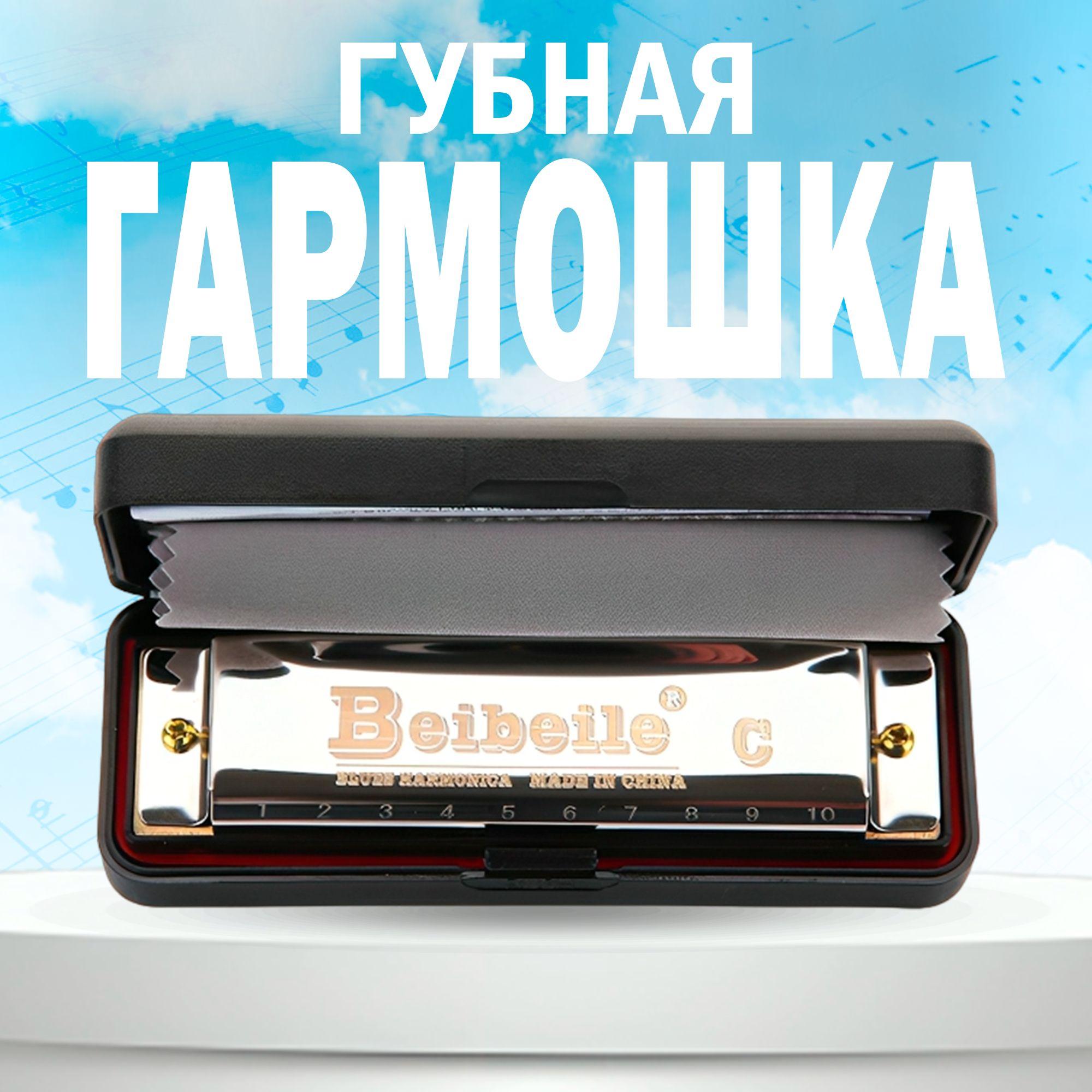 Губная гармошка с футляром, диатоническая, тональность С, музыкальный инструмент, 1шт, серебристая