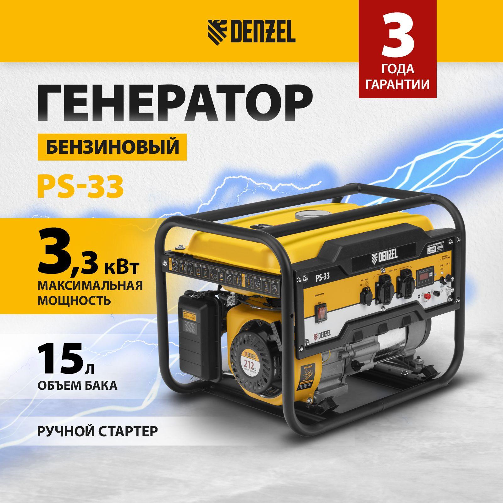 Генератор бензиновый DENZEL PS 33, 3.3 кВт, 212 см3 и 230 В, 15 л, ручной стартер и блок AVR, 2 розетки и выход постоянного тока 12 В/USB 5 В, 946834