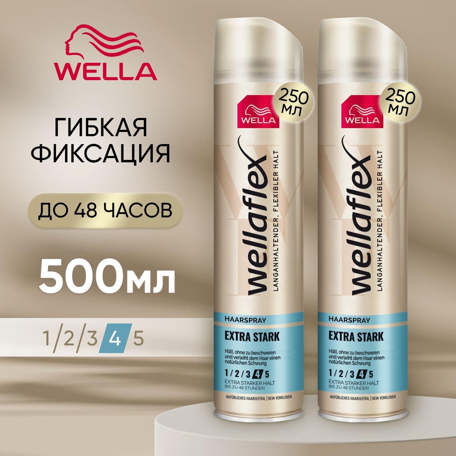 Лак для волос профессиональный объем WELLA Wellaflex Сверхсильный Extra Stark сильной фиксации (4), 500 мл, стайлинг, антистатик, средство для укладки без отдушек, НАБОР (2 бутылочки по 250 мл)