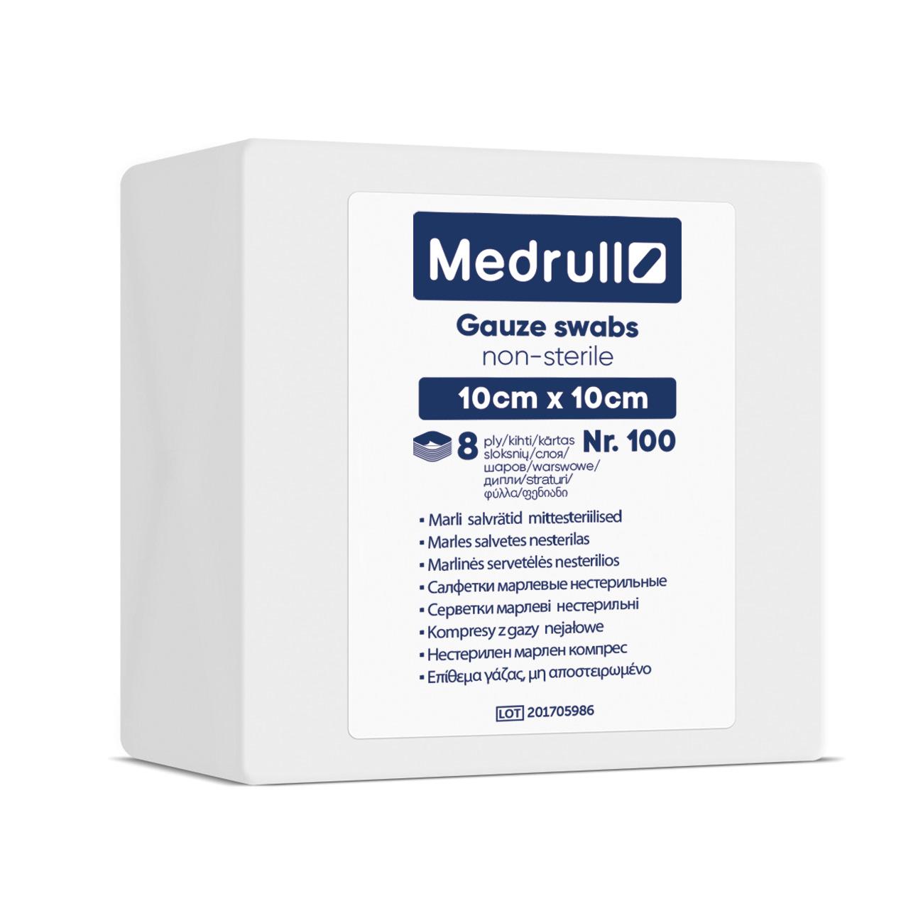 Medrull | Medrull Салфетки марлевые медицинские "N100", 8-слойные, нестерильные, 10х10 см