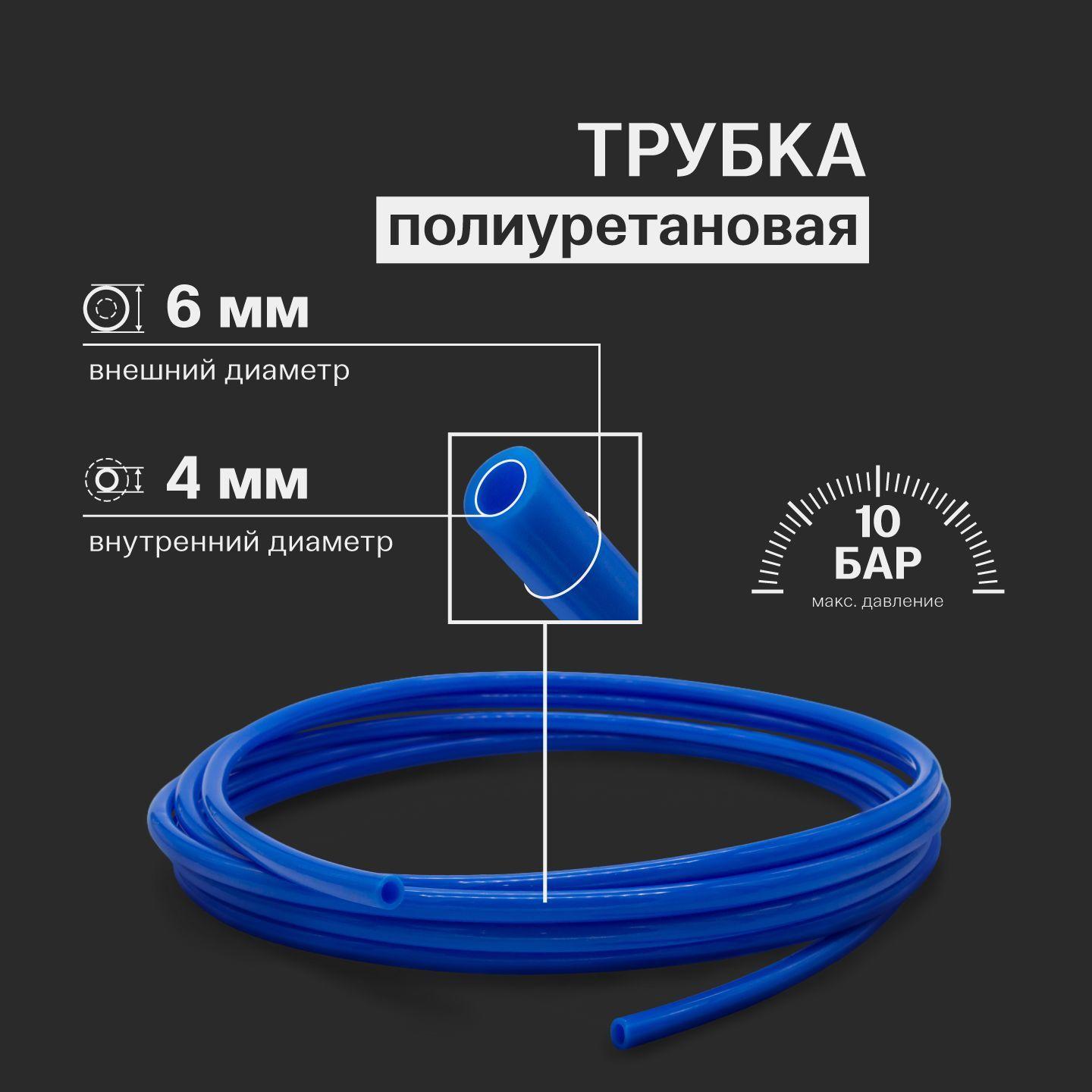 УлФреза | Трубка пневматическая полиуретановая (PU) 6 мм x 4 мм 5 метров синяя