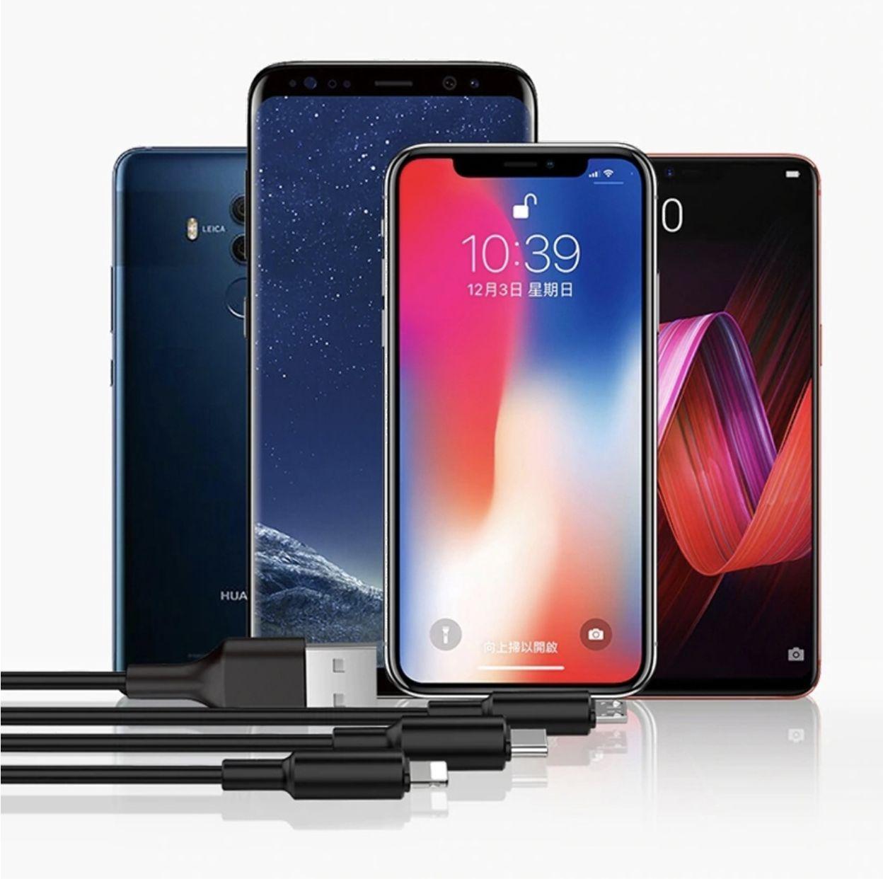 Зарядный провод 3 в 1 (Lightning, Micro, USB, Type C), 1.2 метра, Iphone, Android, Черный гладкий