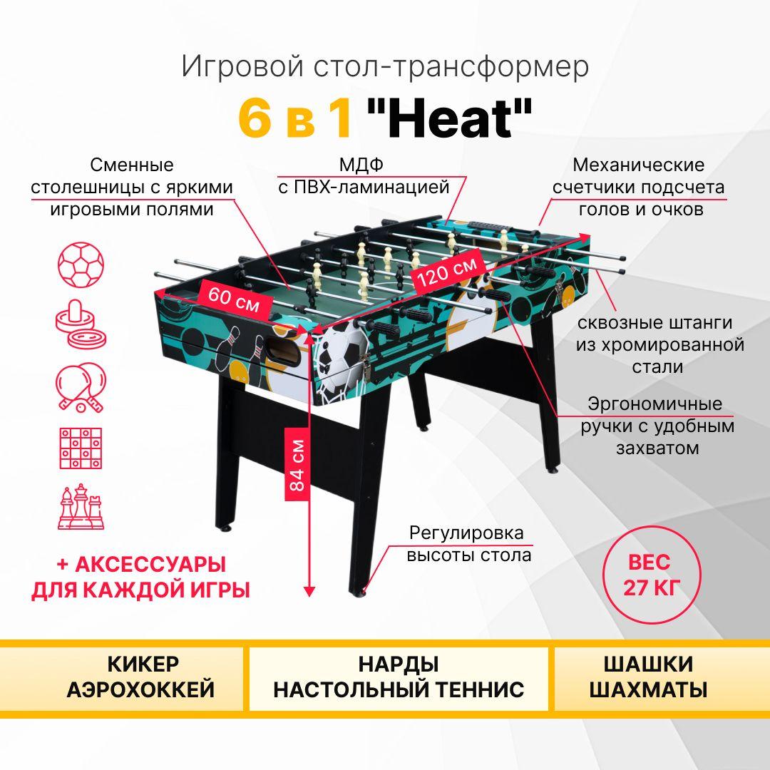 Игровой стол трансформер 6 в 1 "Heat". Настольный футбол / теннис. Аэрохоккей. Нарды. Шашки. Шахматы