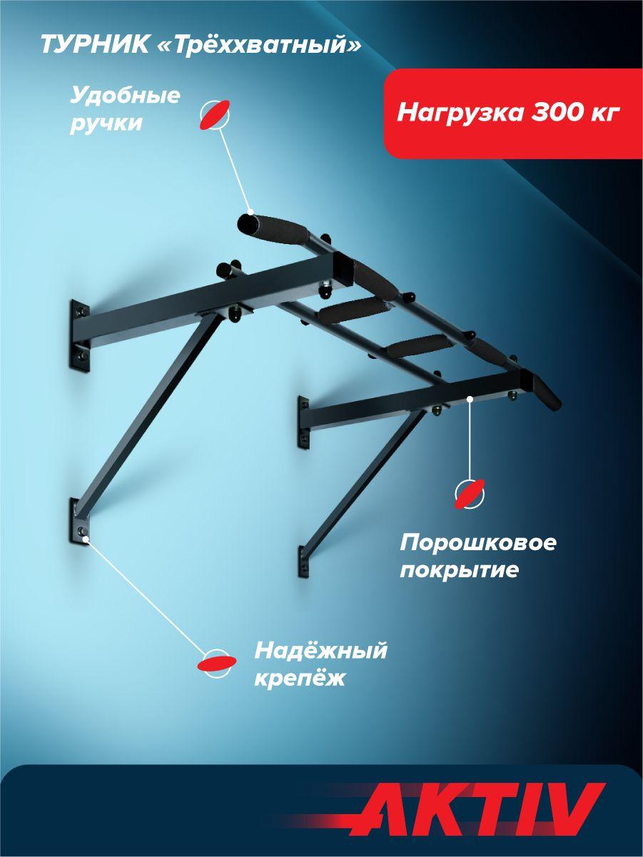 Турник треххватный (крепеж к стене) Черный (с черными ручками) ВБ разборный Aktiv. 3 хвата для подтягивания Absolute Champion. Тренажер на стену треххватный. Для дома усиленный Разборный