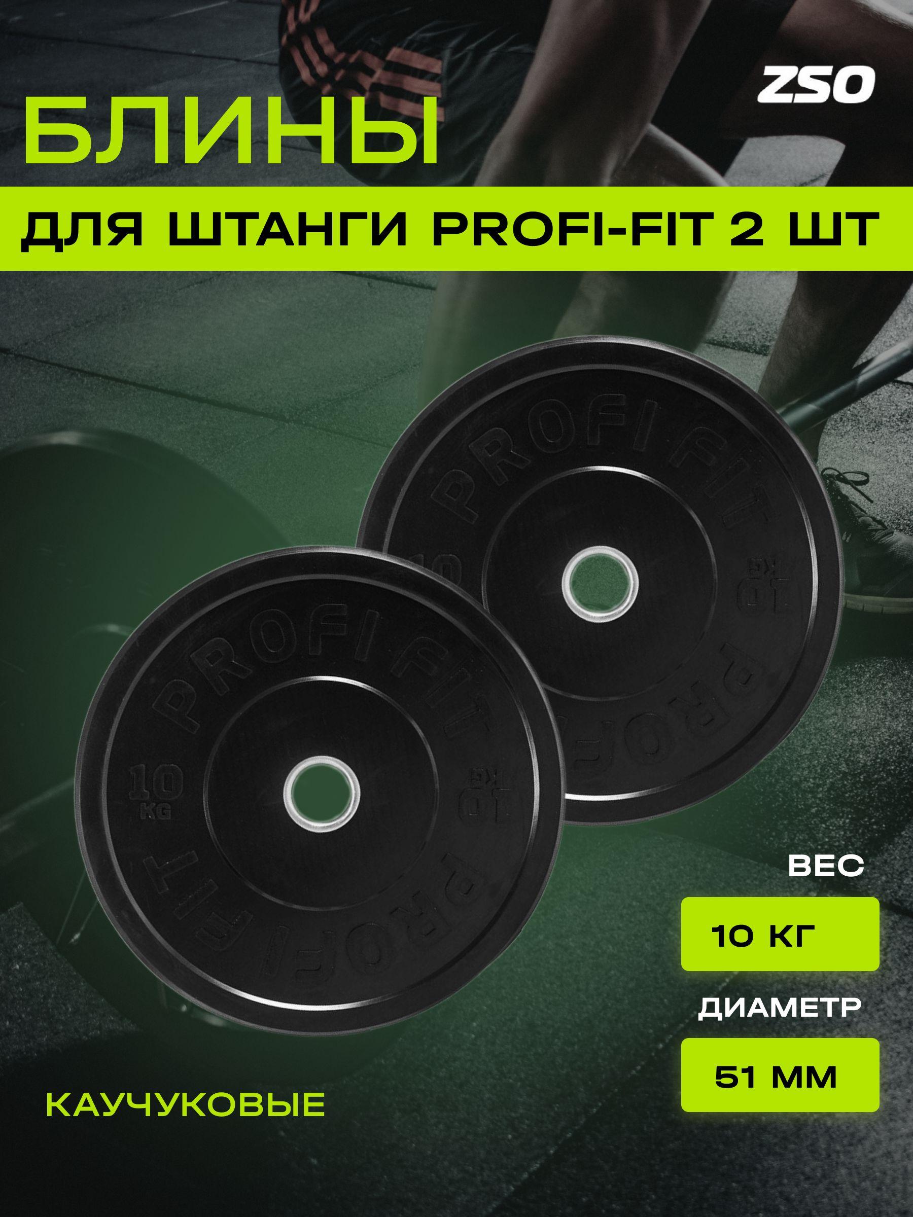 Диски для штанги каучуковые PROFI-FIT, черные, диаметр 51 мм, (10 кг), 2 шт.