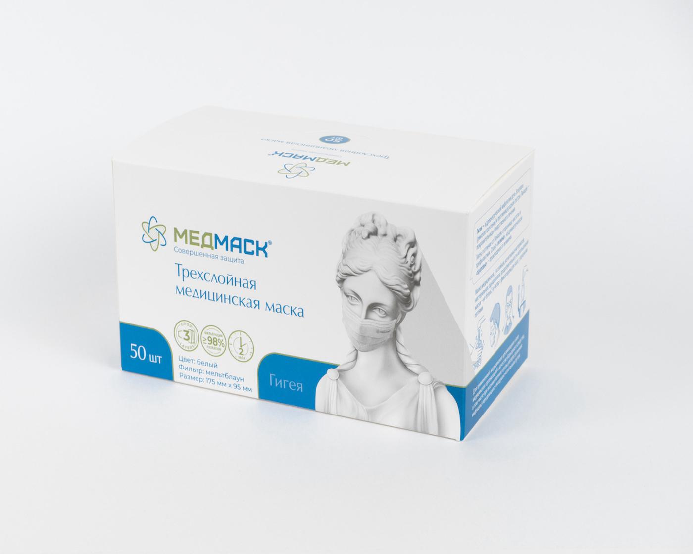 Маска медицинская MedMask белая BFE 98%, 50 шт