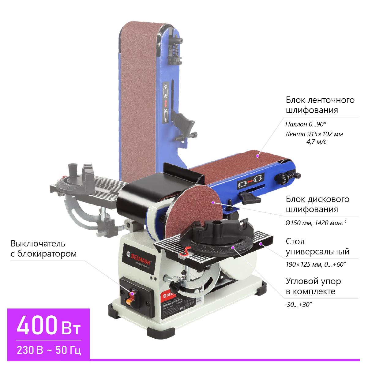 Станок шлифовальный ленточно-дисковый BELMASH BDG 100/152, 400 Вт, с чугунным основанием