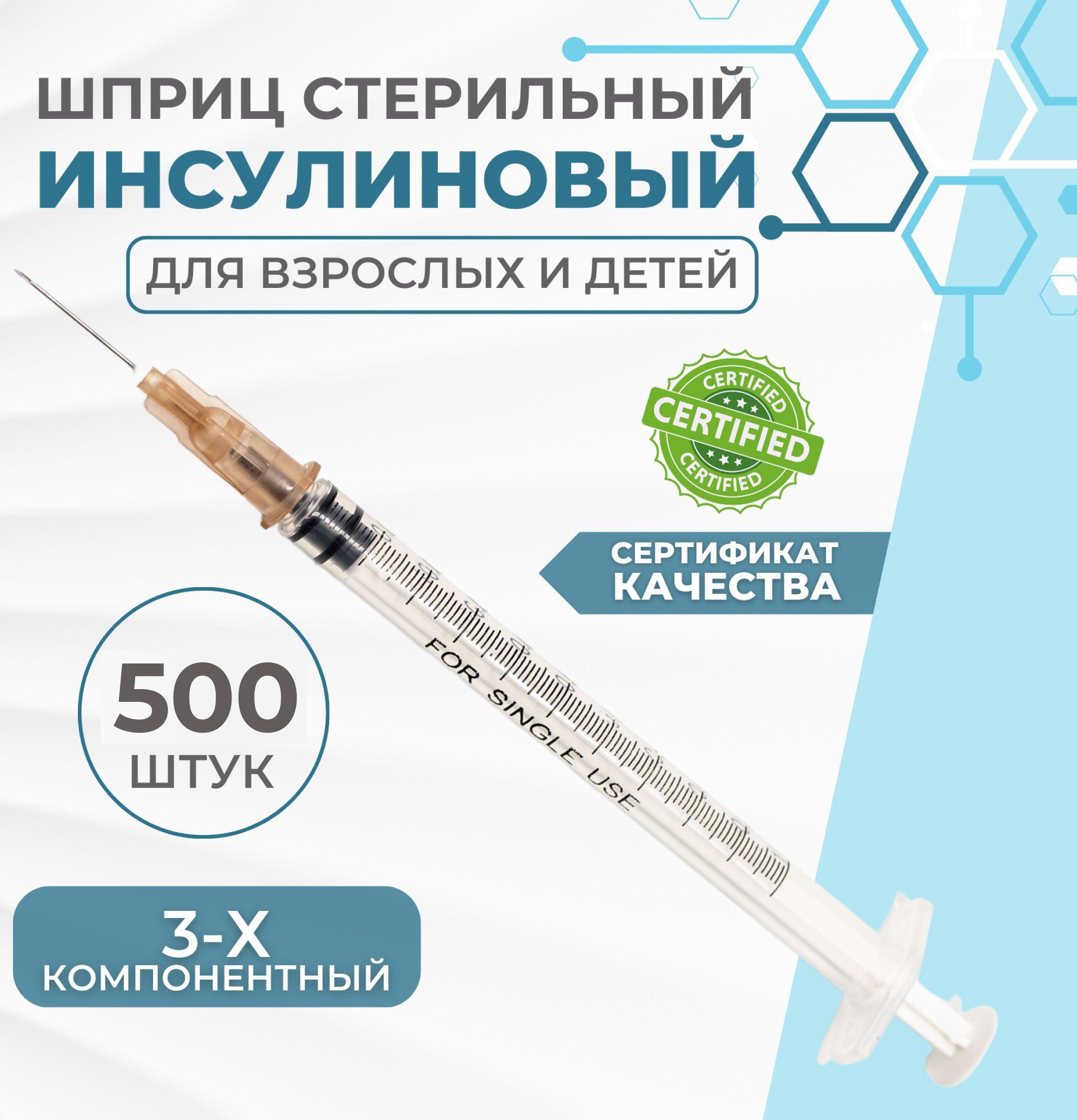 Шприц инсулиновый 1 мл., 500 штук, 3-х компонентный игла 26G ( 0,45х13мм)