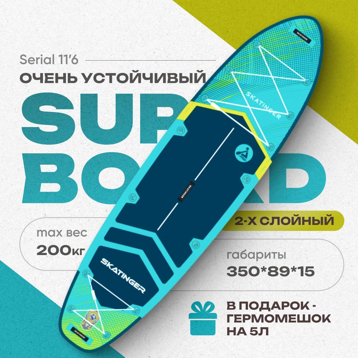 SUP-доска SERIAL BLUE 11'6" надувная, двухслойная. Сапборд с полным комплектом, 350x89x15 см