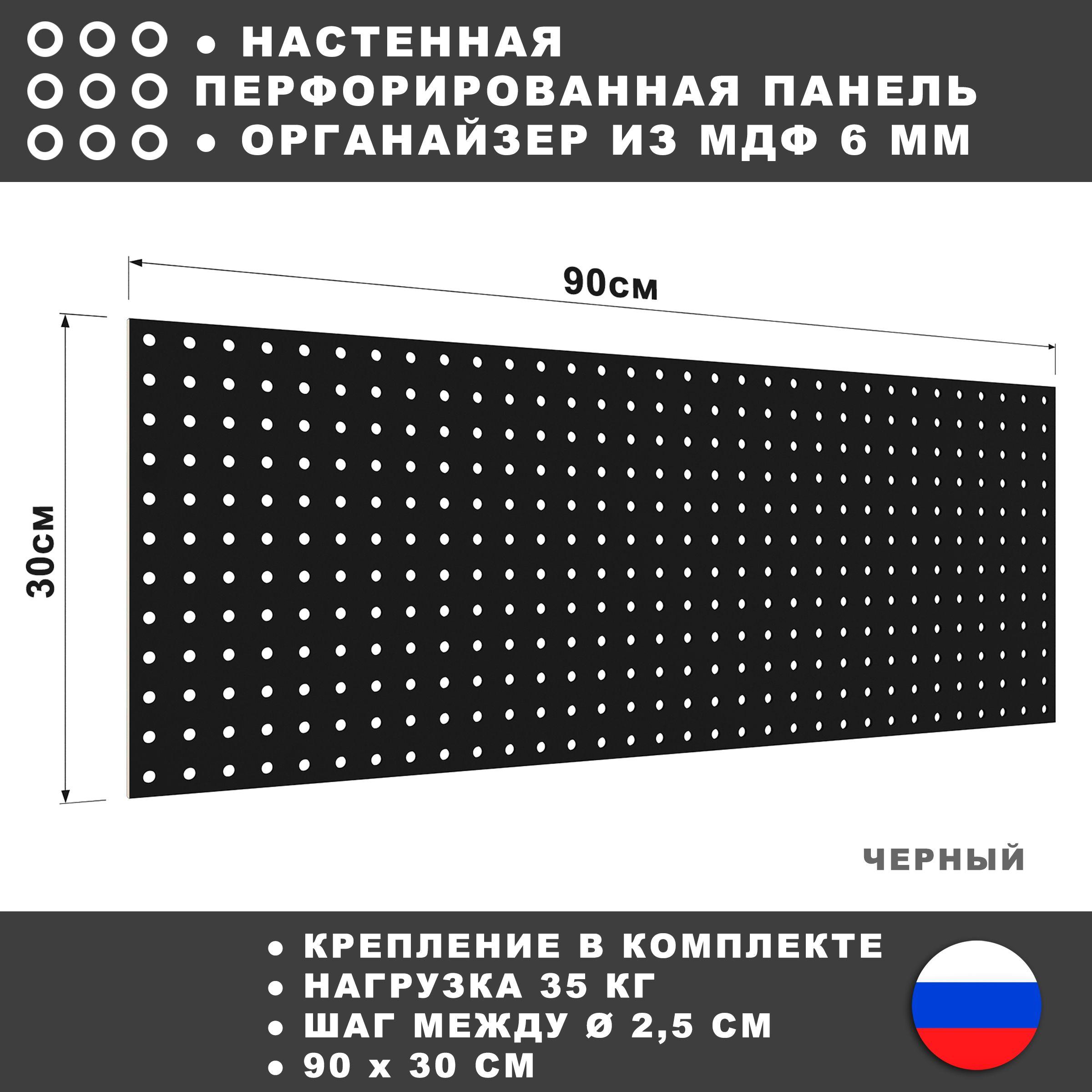 Перфорированная панель 90*30 см Черная МДФ. Перфопанель настенная для хранения инструментов.