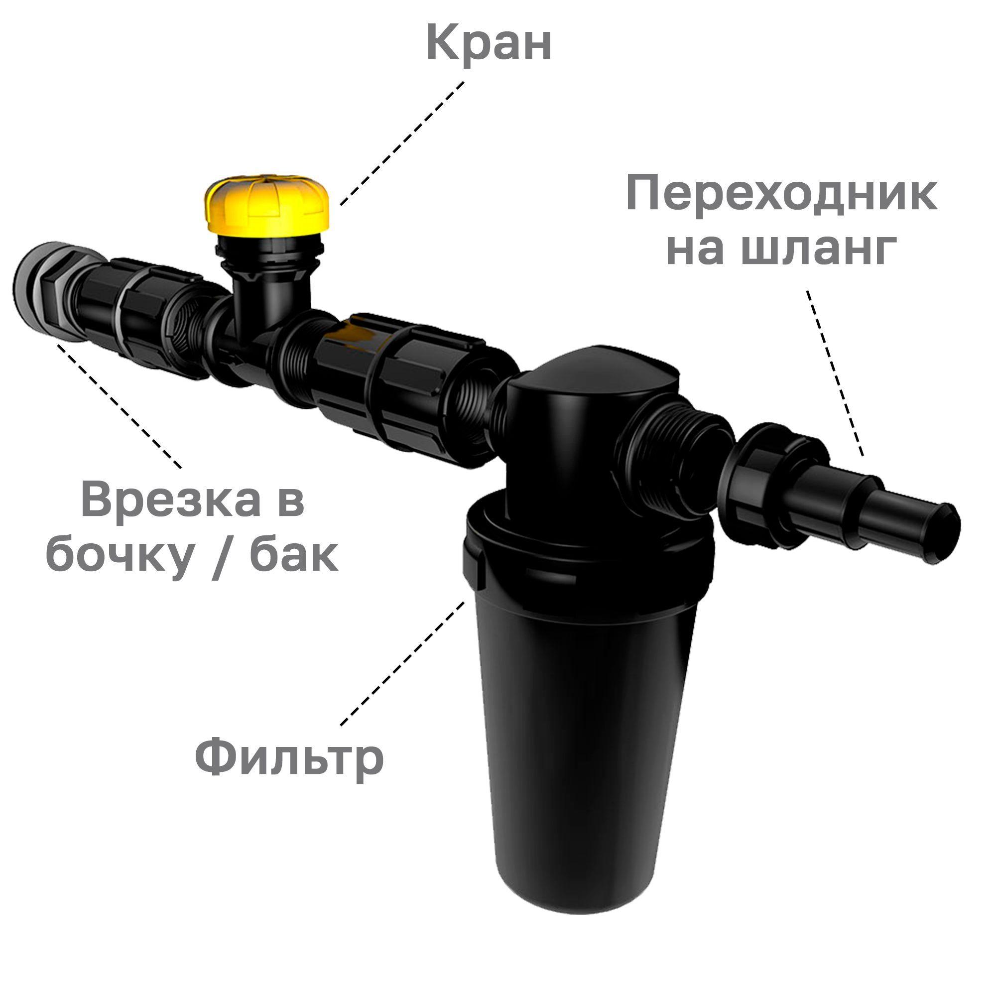 Врезка в бочку, бак 3/4 с краном, Комплект отвода воды из емкости КОВ-1 штуцер, Самарский Исток, фильтр сетчатый для капельного полива на шланг, кран для бака. Стартовый набор для капельной ленты