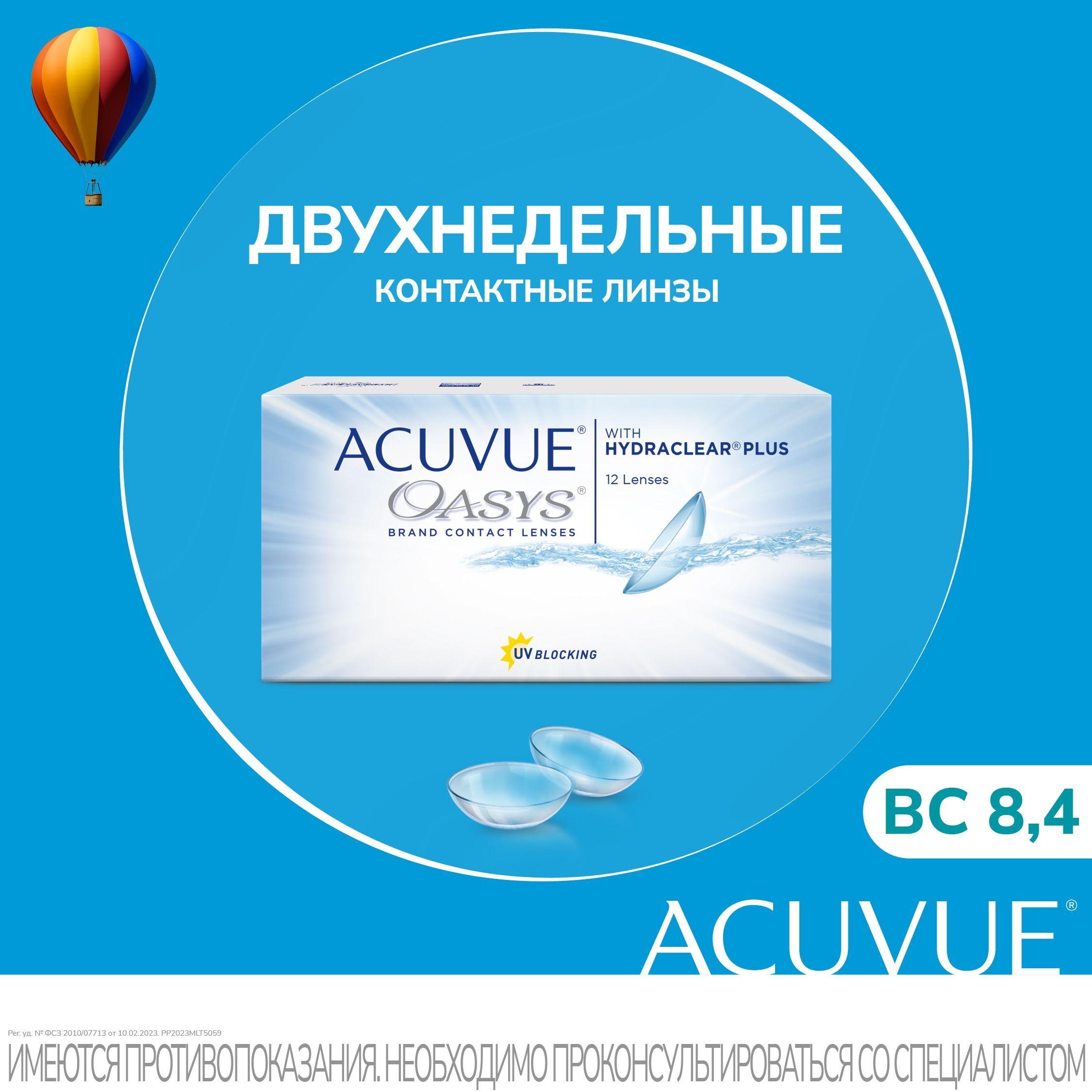 Контактные линзы для глаз двухнедельные Acuvue Oasys with HYDRACLEAR PLUS / Акувью Оазис / 12 шт / 8.4 / -4.00