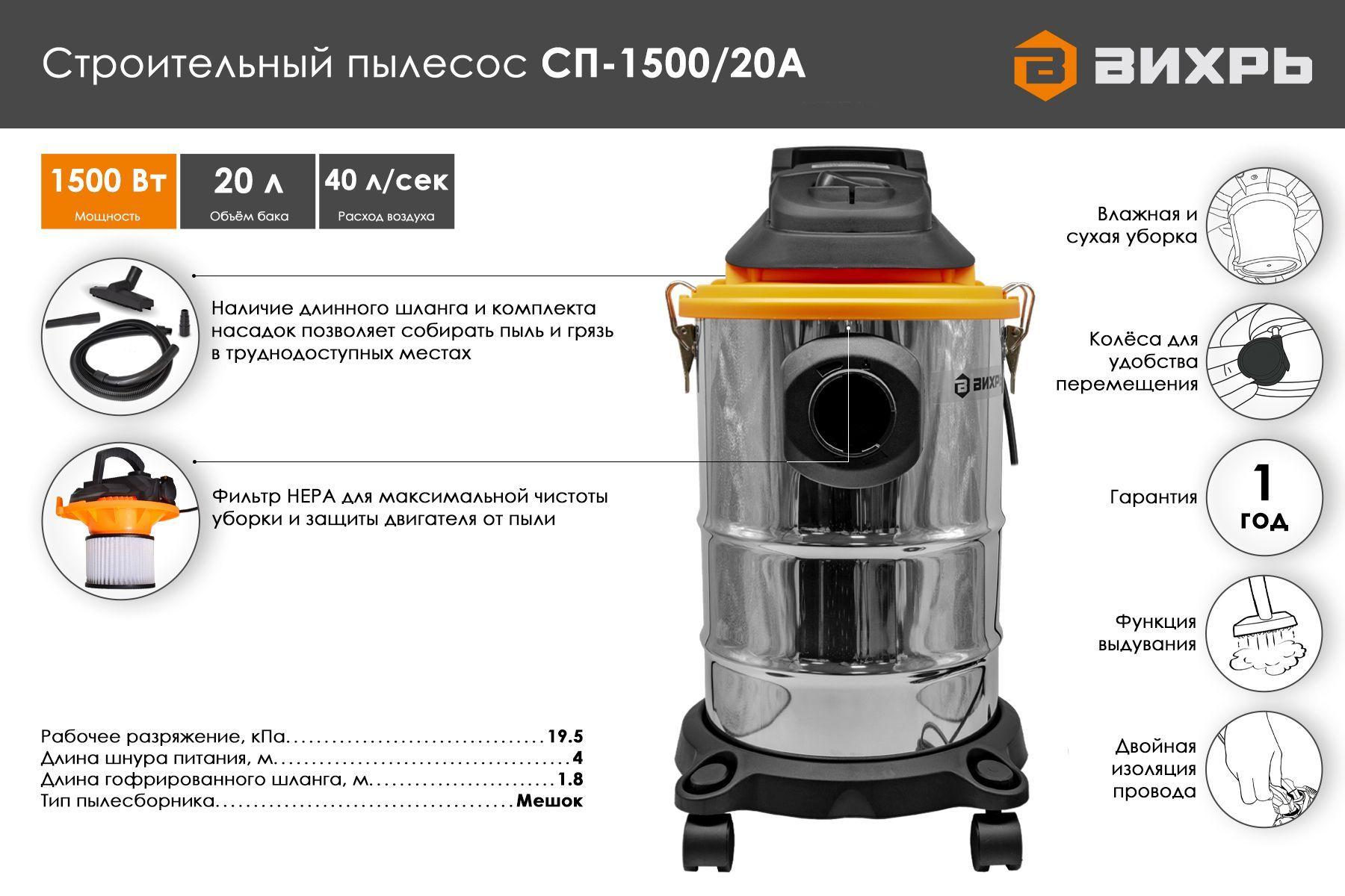 Строительный пылесос Вихрь СП-1500/20А