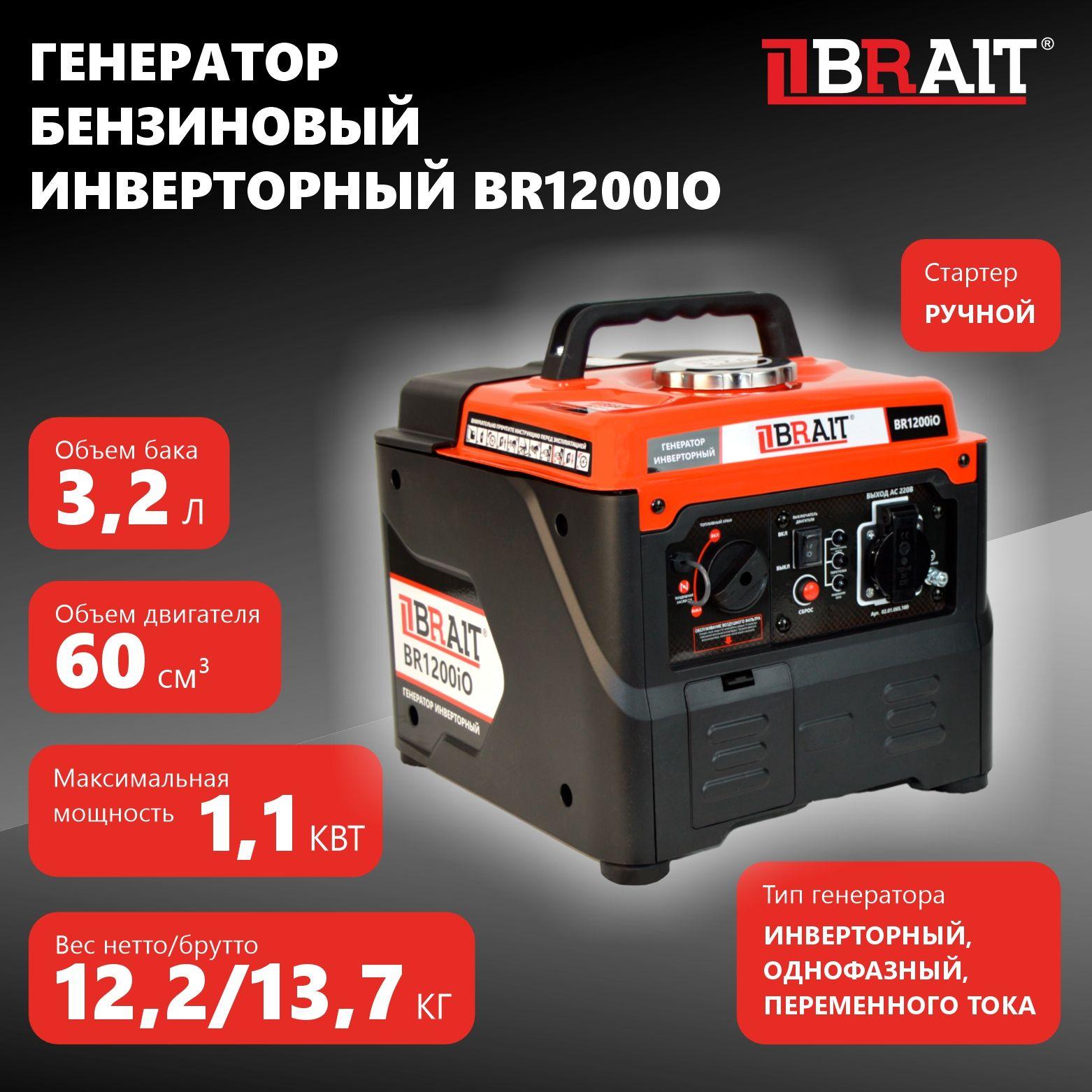 Генератор бензиновый инверторный BR1200iO (1/1,1кВт, 260В, 50Гц, бак 3,2л, откр типа)