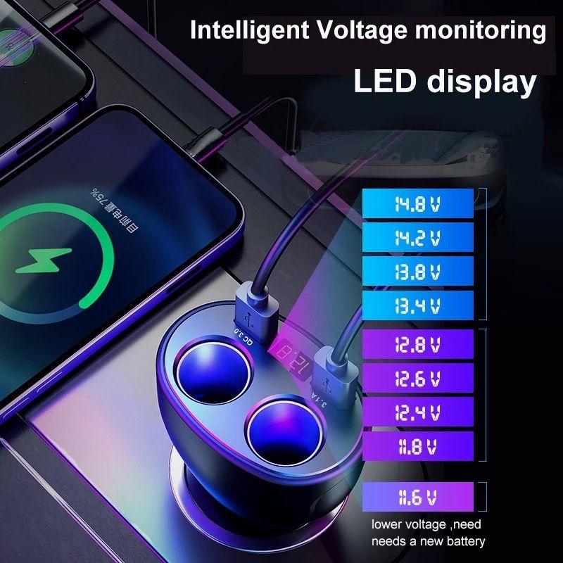 Автомобильный разветвитель с двумя прикуривателями и USB разъемами QC 3.0 с дисплеем черного цвета