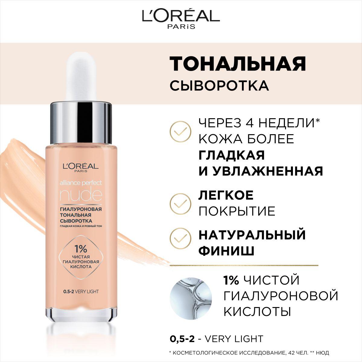 L'Oreal Paris Гиалуроновая тональная сыворотка для лица ALLIANCE PERFECT NUDE, тон №0,5-2 very light, цвет: светло-бежевый, 30 мл