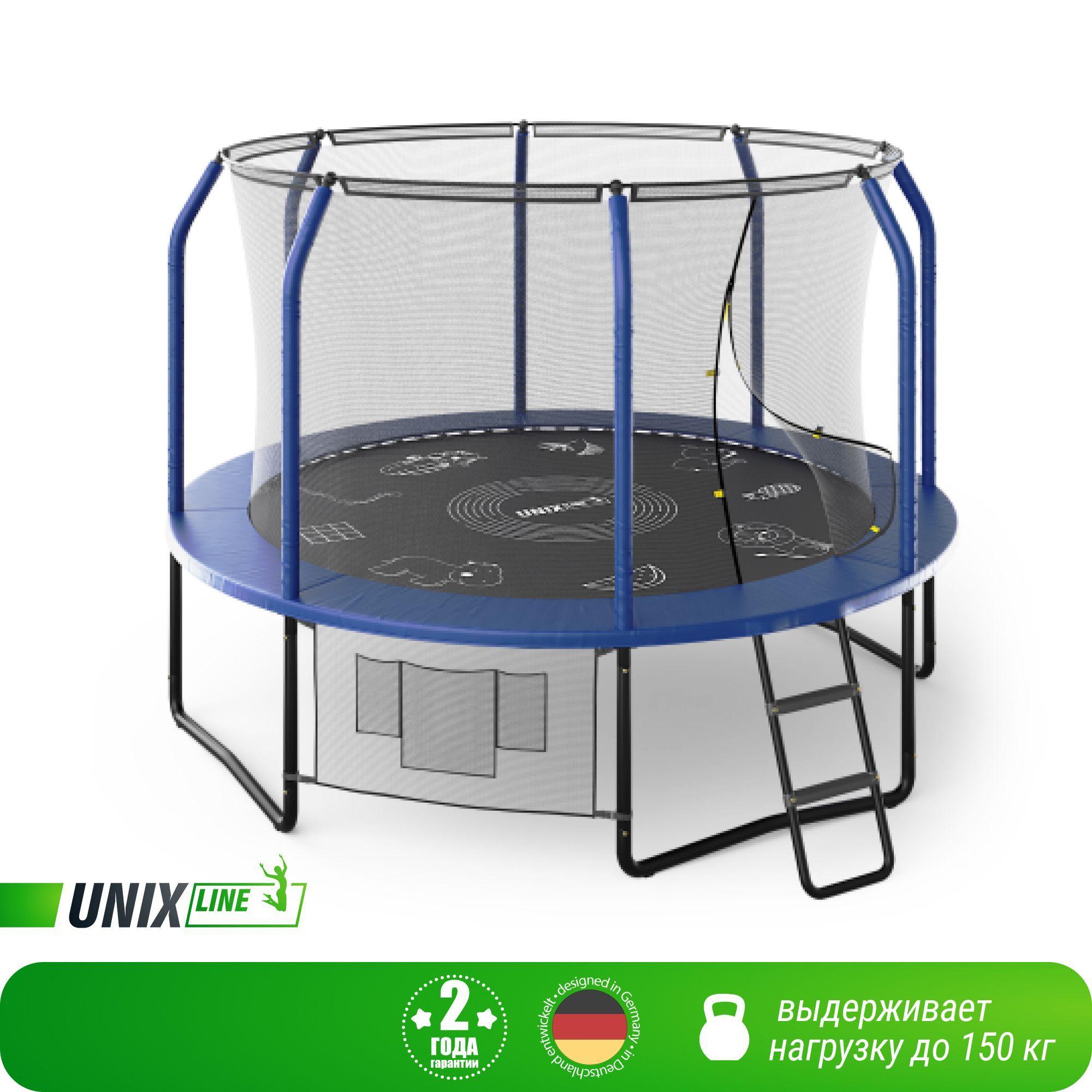 Батут каркасный UNIX Line SUPREME GAME 10 ft Blue, общий диаметр 305 см, до 150 кг, диаметр прыжковой зоны 250 см, в комплекте лестница, мелки UNIXLINE