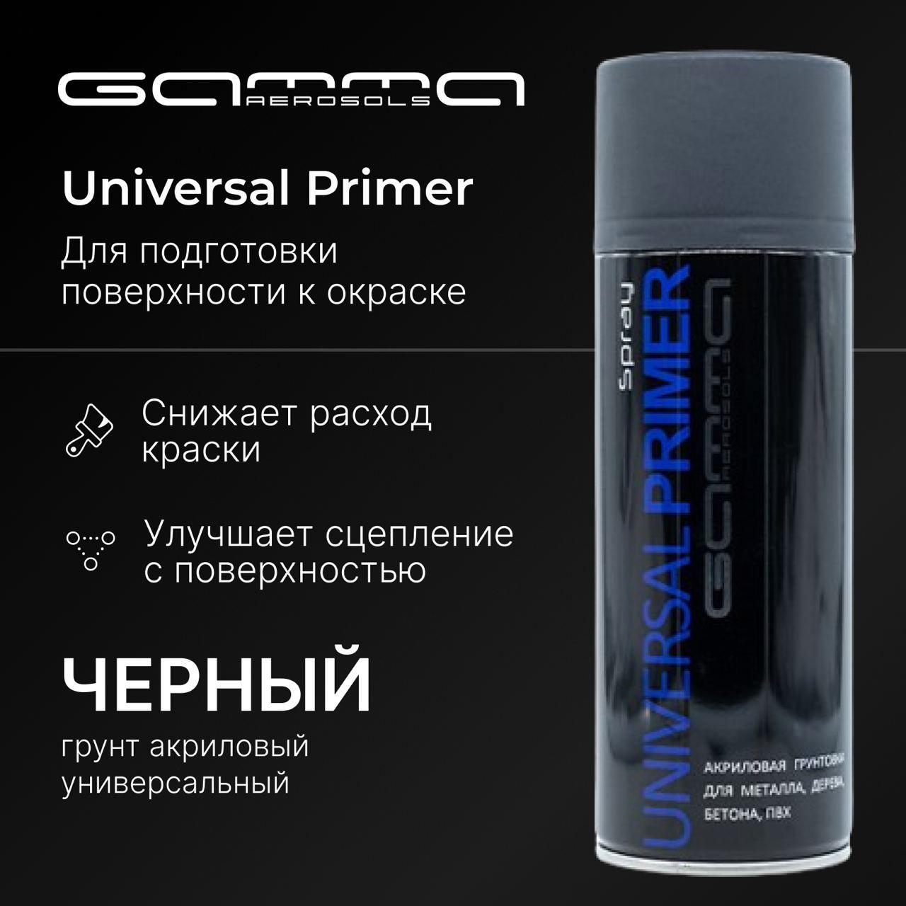 Грунт праймер акриловый чёрный аэрозольный баллончик Gamma Paint 450мл.