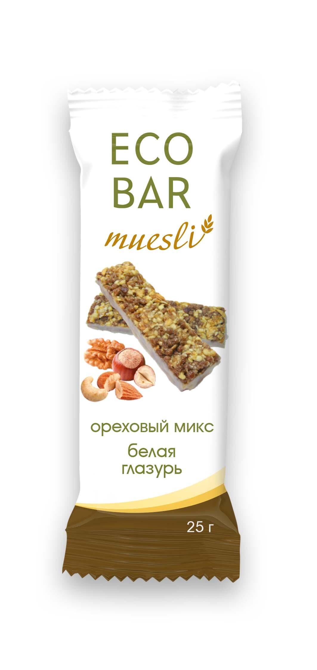 ECOBAR | Батончик мюсли ЭкоБар ореховый микс в белой глазури 25 г, 20 шт.