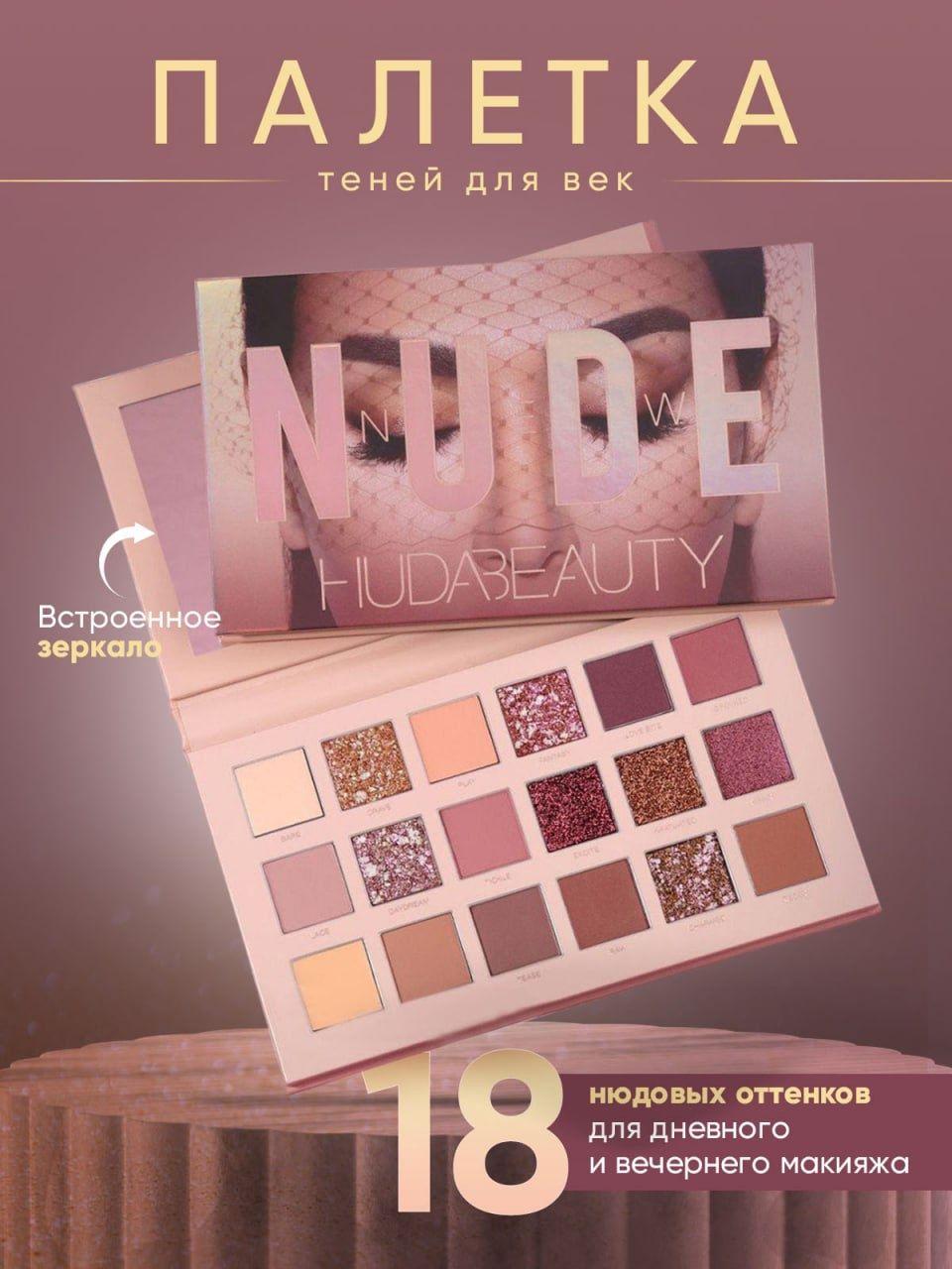 Тени для век палетка матовые нюдовые с блёстками глиттером NUDE beauty 18 оттенков для повседневного и вечернего макияжа