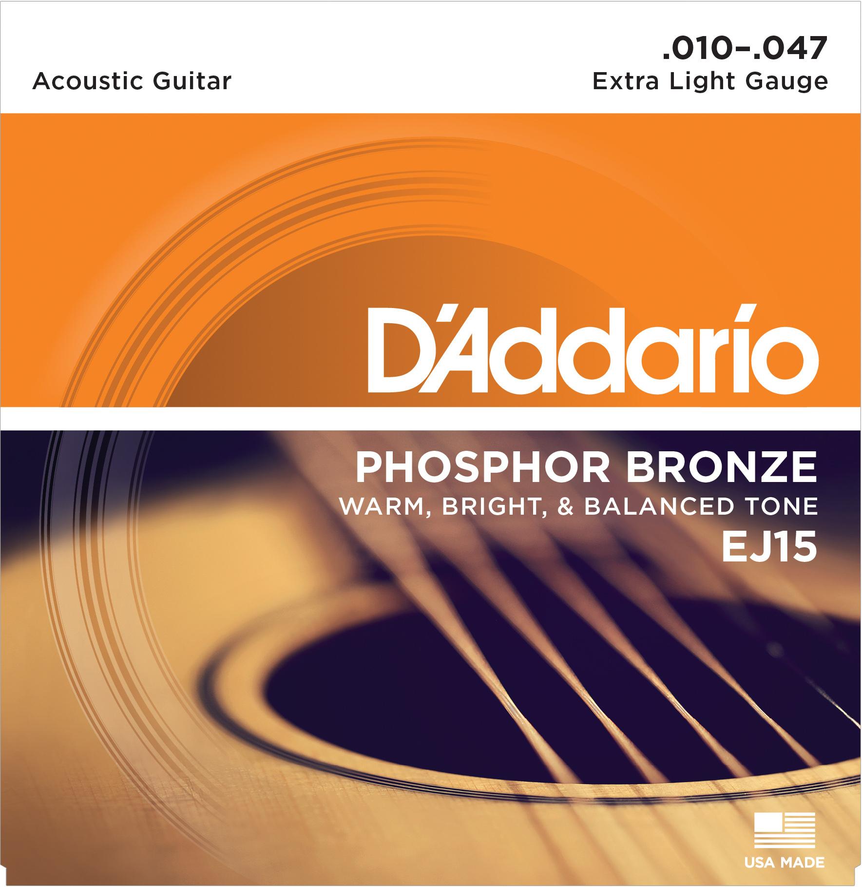 D'ADDARIO EJ15 PHOSPHOR BRONZE EXTRA LIGHT 10-47 струны для акустической гитары, фосфорная бронза, 10-47..