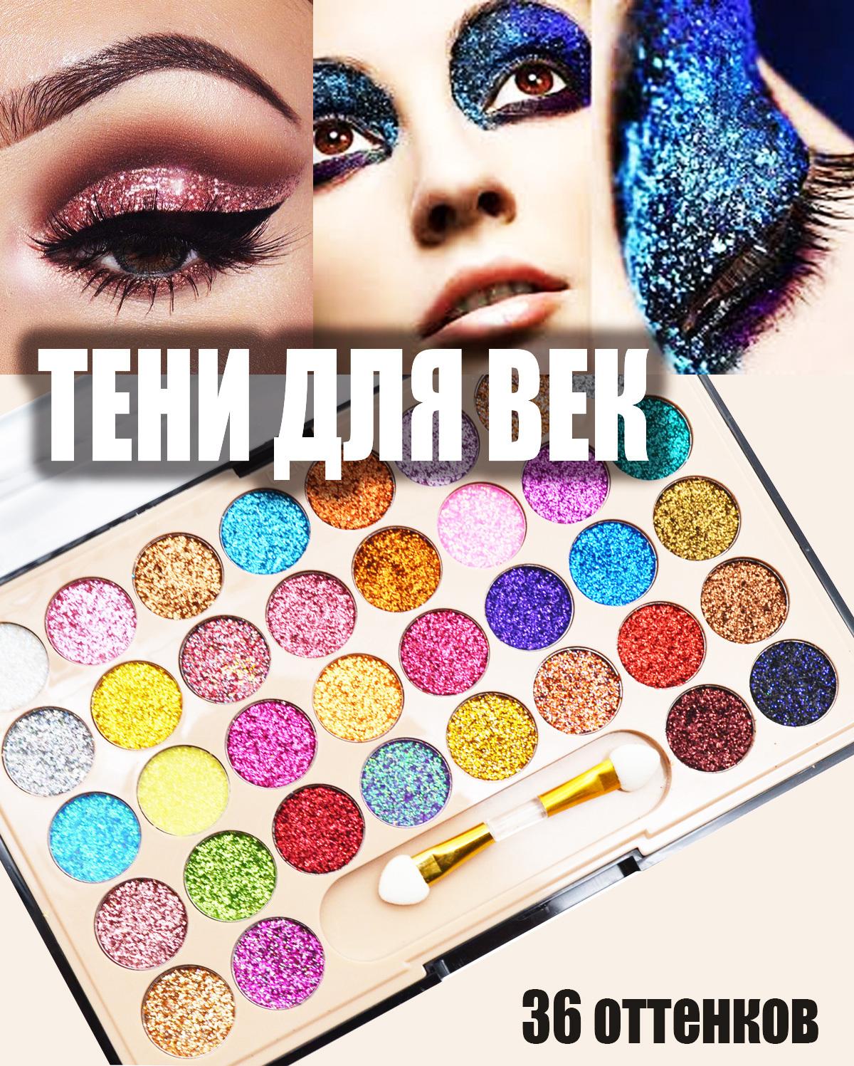 Seven Cool Палетка блестящих теней для макияжа глаз 36 оттенков Eyeshadow Glitter №1 Глиттер для смоки айс, Сияющие, для дневного и вечернего макияжа