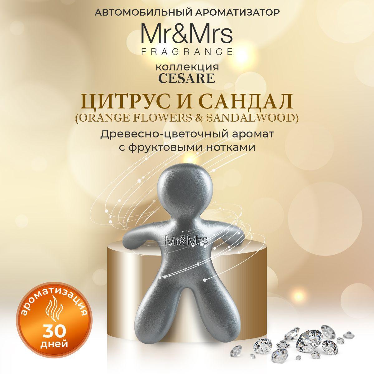 Ароматизатор для автомобиля на дефлектор человечек Mr&Mrs Fragrance Cesare Orange Flowers & Sandalwood Цитрус и Сандал матовое серебро