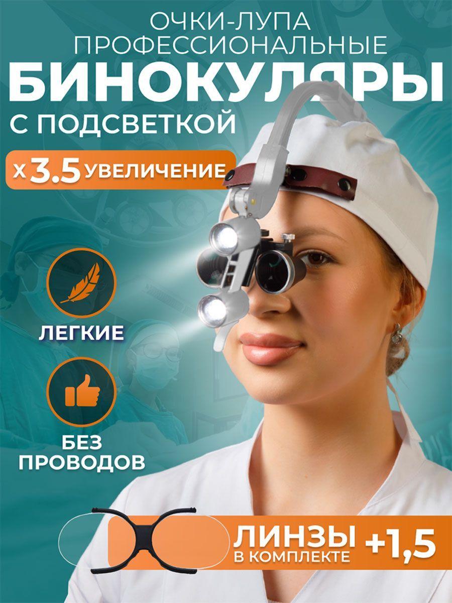 Налобный осветитель с бинокулярами 3.5х + линзы 1,5 и 2 АКБ бинокуляры стоматологические со светом в кейсе