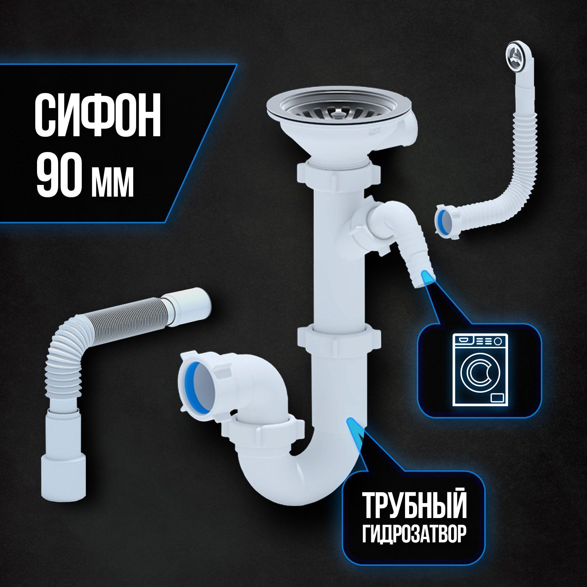 Сифон для раковины, кухонных моек АНИ пласт 3 1/2"*40 прямоточный с отводом для посудомоечных и стиральных машин, разборным выпуском и пластиковой решеткой