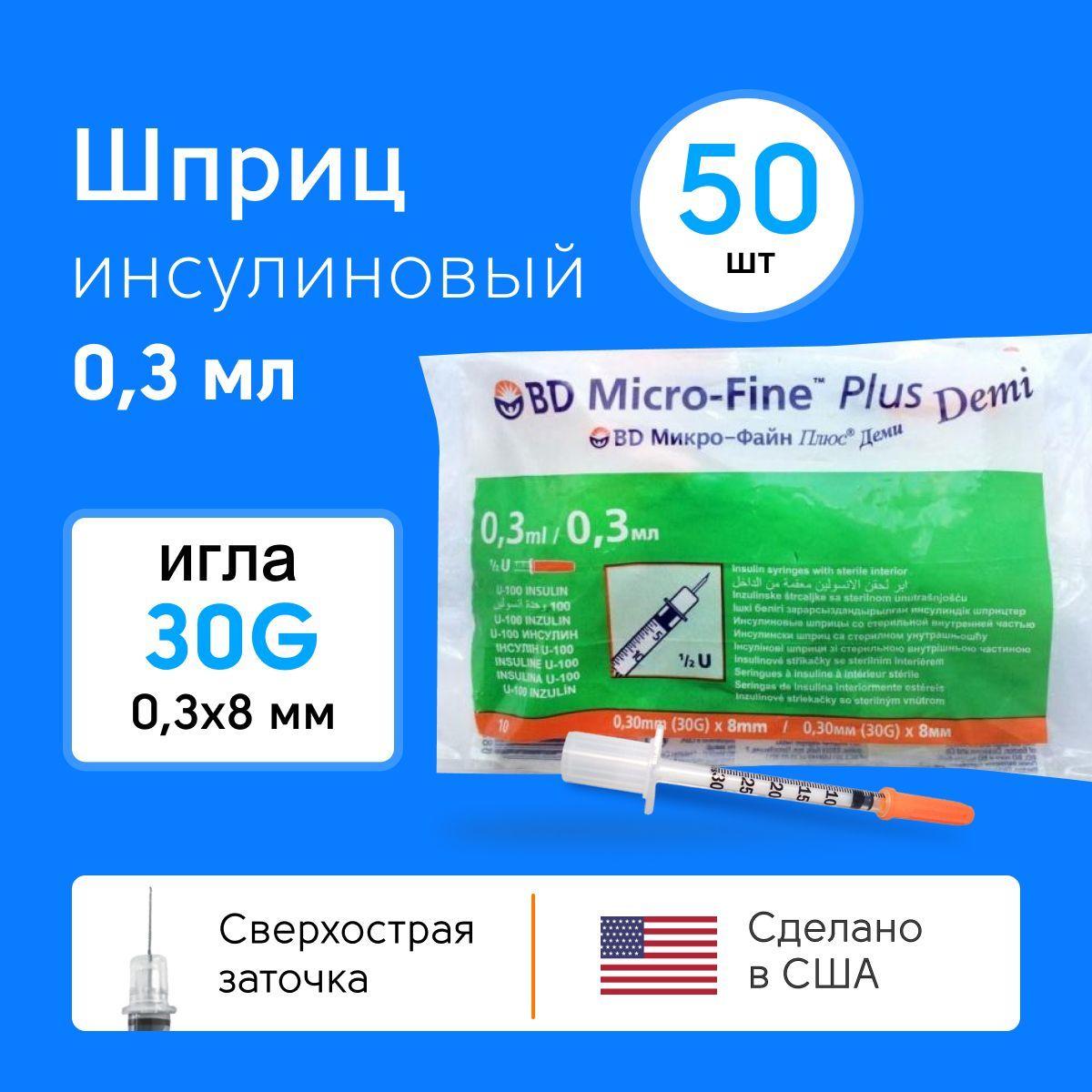 Инсулиновый шприц медицинский 0,3 мл U100 BD Micro-Fine Plus с интегрированной иглой, одноразовый стерильный, 50 шт