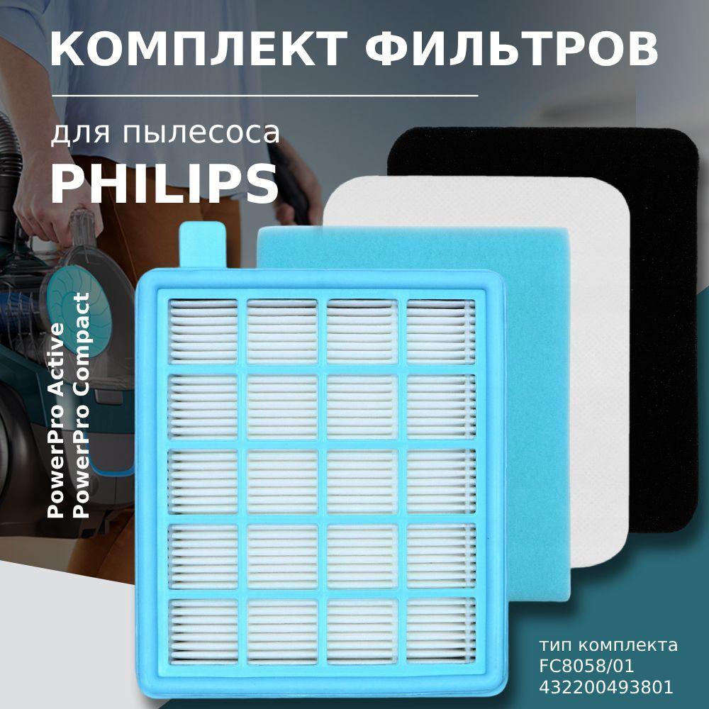 Комплект фильтров для пылесоса Philips тип FC8058/01 серия PowerPro Active FC8630-8649, FC9520-9529, FC8670-8679, FC9530-9542; PowerPro Compact FC8470-8479, FC9320-9329; Kambrook ABV400 и ABV40FH