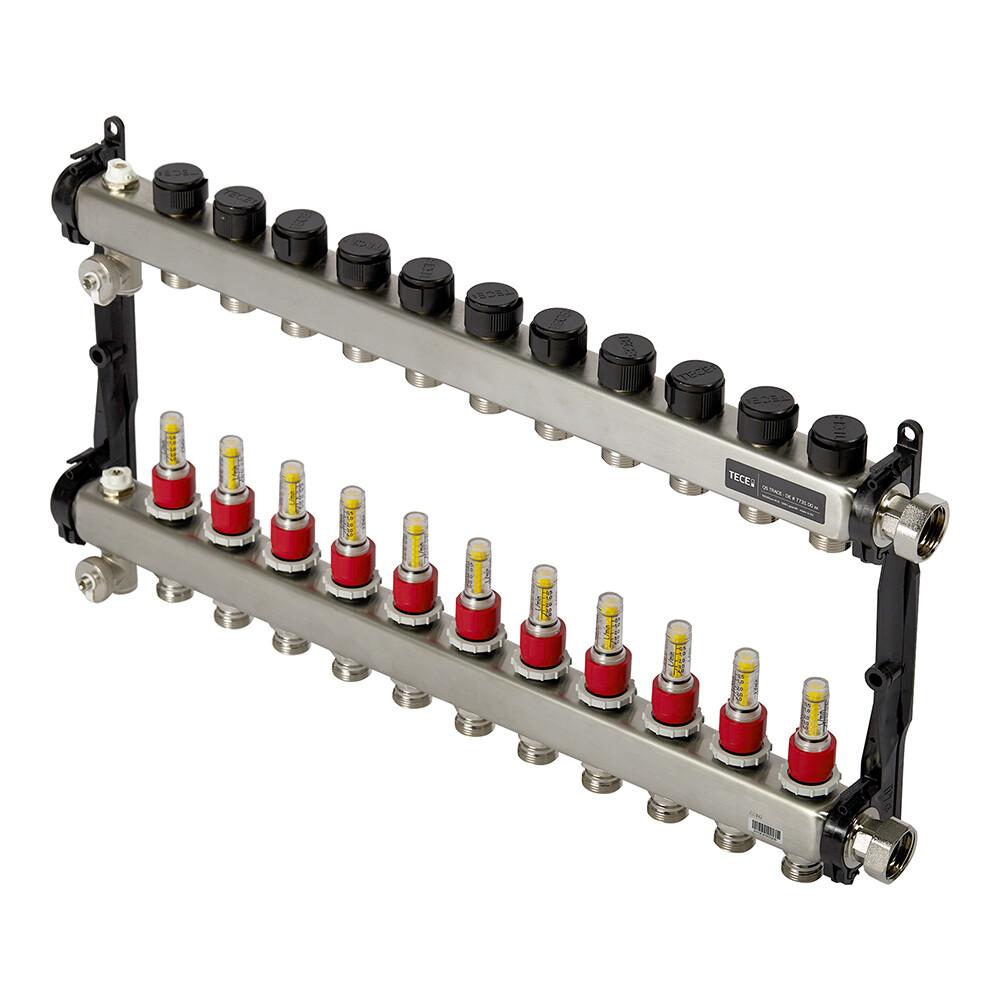 Коллектор для теплого пола Tece 1 ВР(г) х 11 выходов 3/4 НР(ш) ЕК х 1 ВР(г) с расходомерами (77310011)