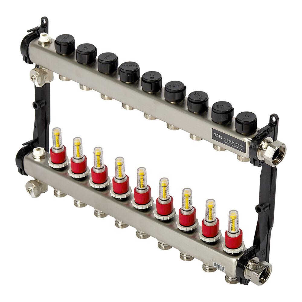 Коллектор для теплого пола Tece 1 ВР(г) х 9 выходов 3/4 НР(ш) ЕК х 1 ВР(г) с расходомерами (77310009)