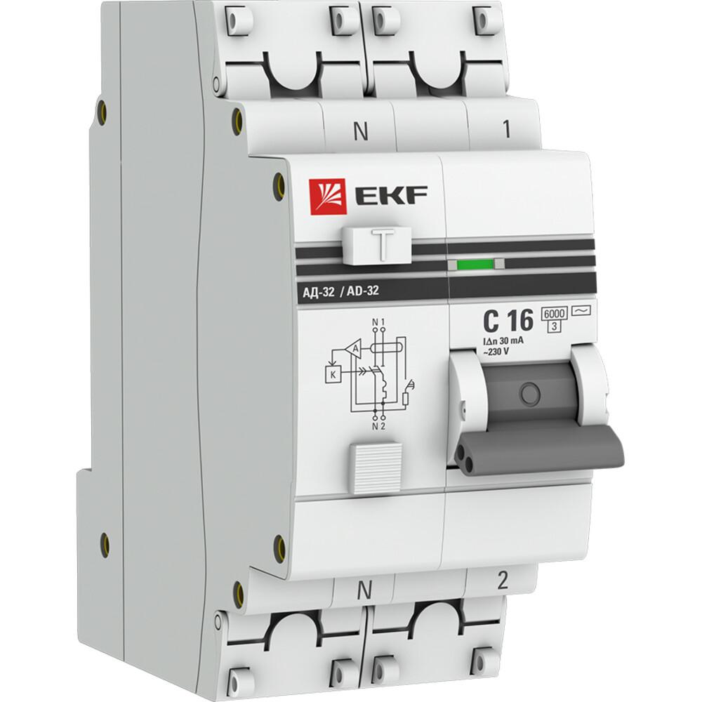Автомат дифференциальный EKF PROxima АД-32 16А 30 мА 1P+N тип AC 6 кА (DA32-6-16-30-aс-pro)